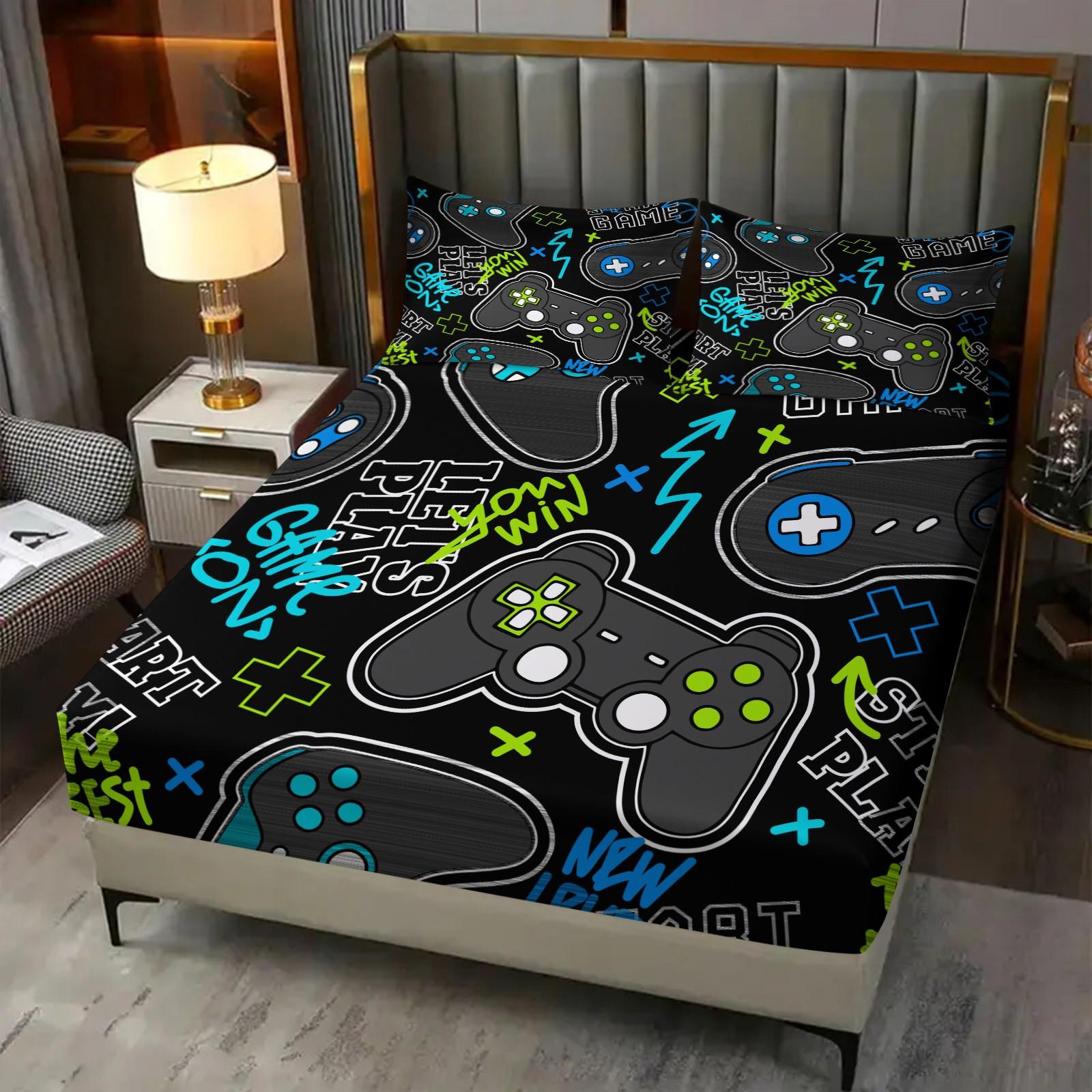 3 Piece Gamer Fitted Sheet Set, 1 Fitted Sheet + 2 Pillowcases, Cool Game Controller Bedding for Boys Teens Gamers, Gaming Room Decor for Kids Bedroom Dorm, Ideal Gift for Video Game Lovers