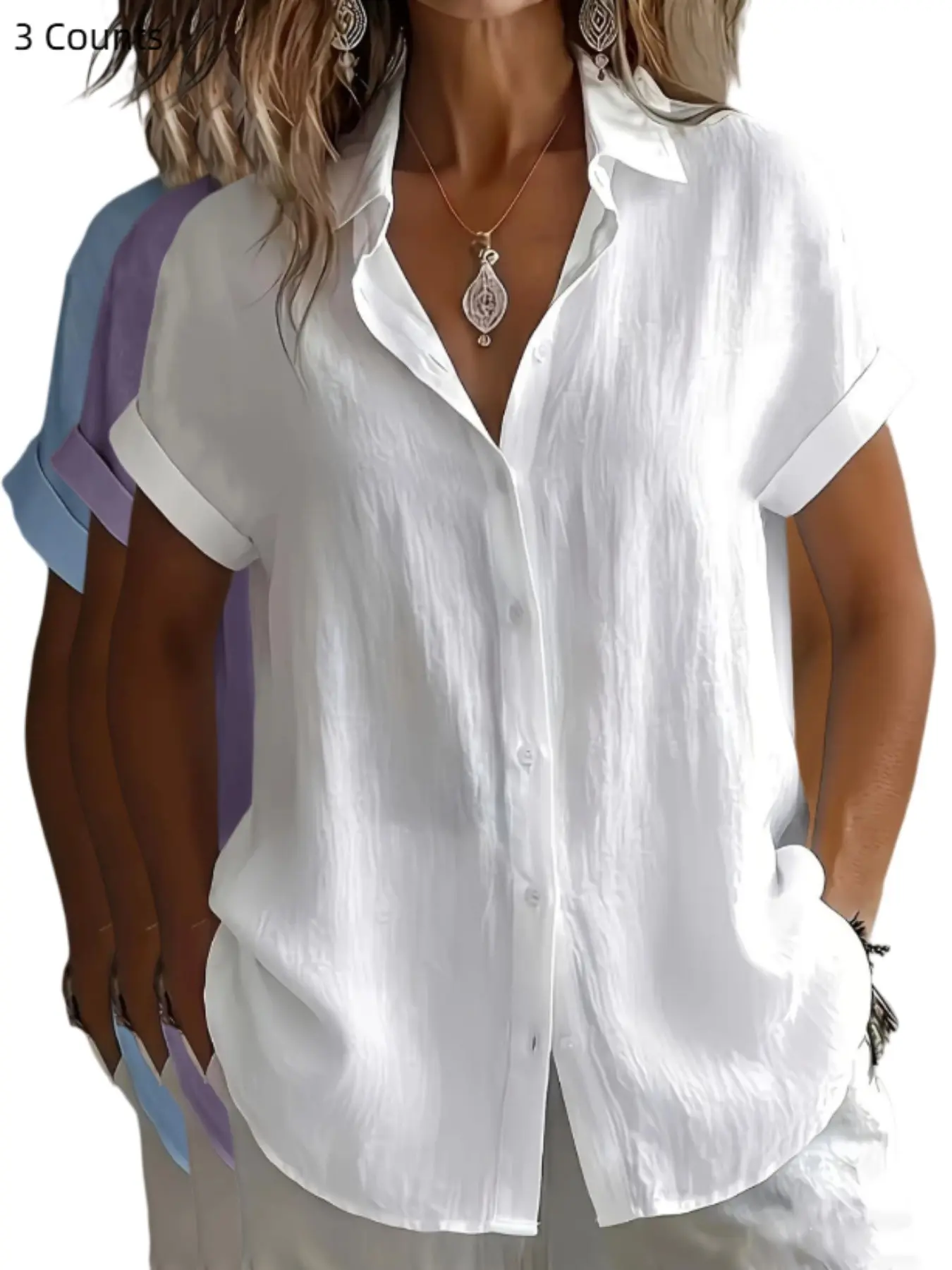 Women's Casual Breathable Short Shirt, Textured Pleated Design, Comfortable Daily Wear, Stylish Ladies' Blouse, Perfect for All Seasons