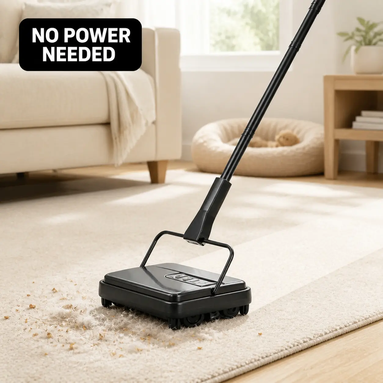 Manual Carpet Sweeper, 7.87" Non-Electric Floor Sweeper with 300 mL Easy-Empty Dustbin & Cleaning Comb, Quiet Cordless Roller Cleaner for Carpets, Rugs, Hardwood, Pet Hair, Crumbs & Debris