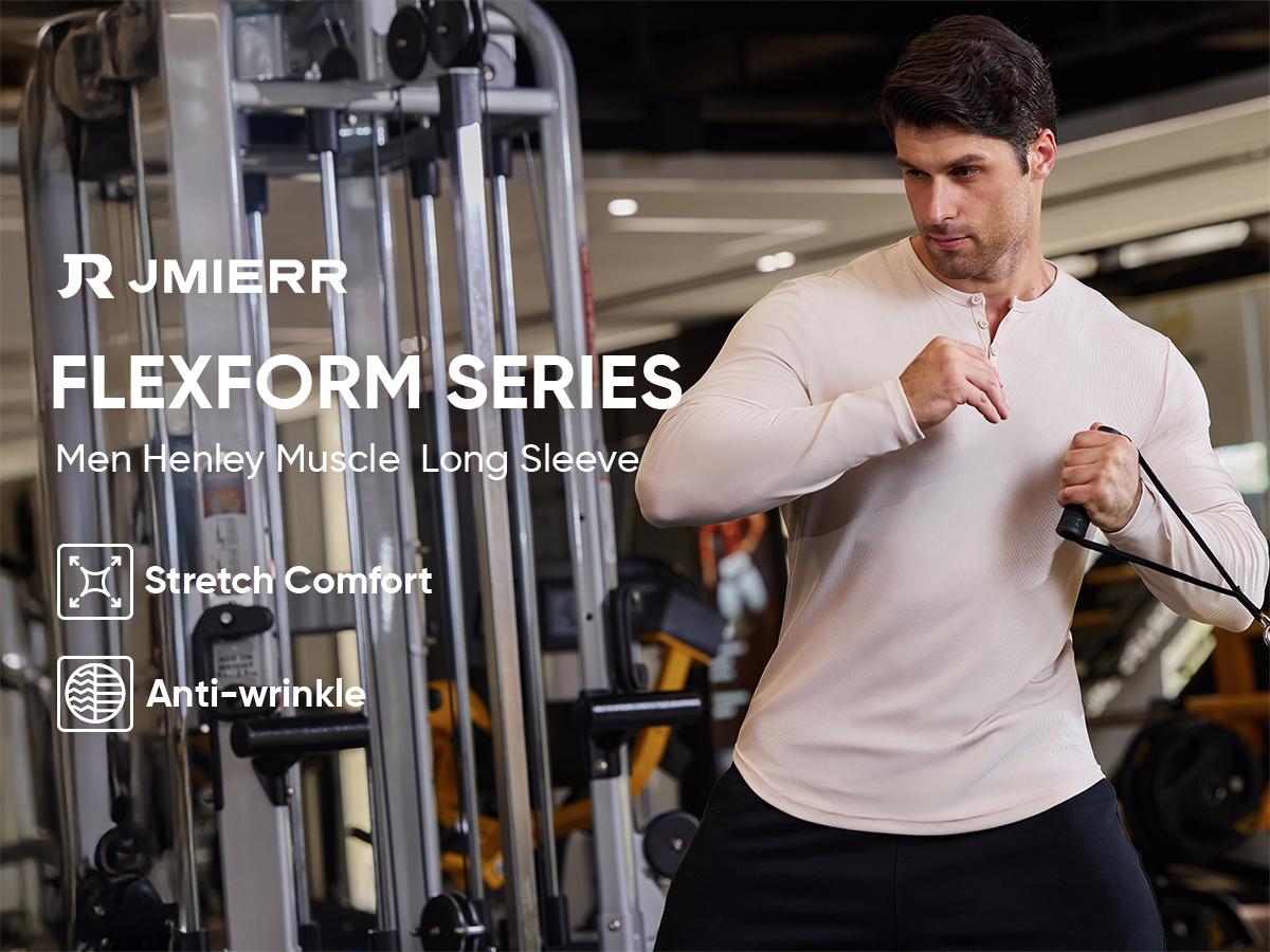 JMIERR Mens 2026 Fall Fashion Casual Henley Shirt Long Sleeve T-Shirt Slim Fitted Shirts Curved Hem for Athletic Gym Workout