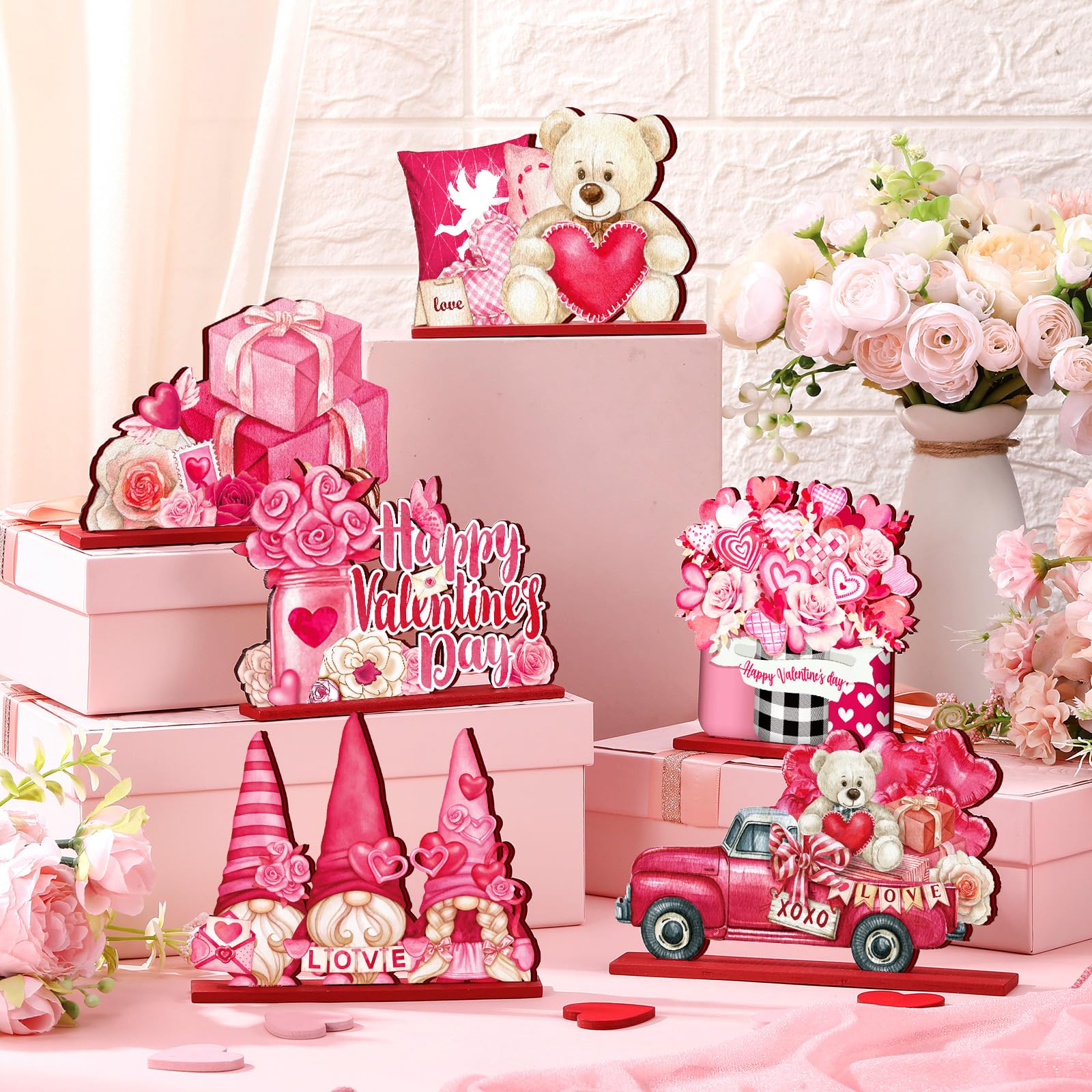 St. Patrick's Day & Valentine's Day Reversible Gnome Wood Signs, Double Sided Irish Theme Wooden Standing Blocks & Love Car Rose Truck Heart Decor, Table Centerpiece for Tiered Tray Farmhouse Kitchen, Ideal for Irish Families, Gnome Lovers & Couples Gift