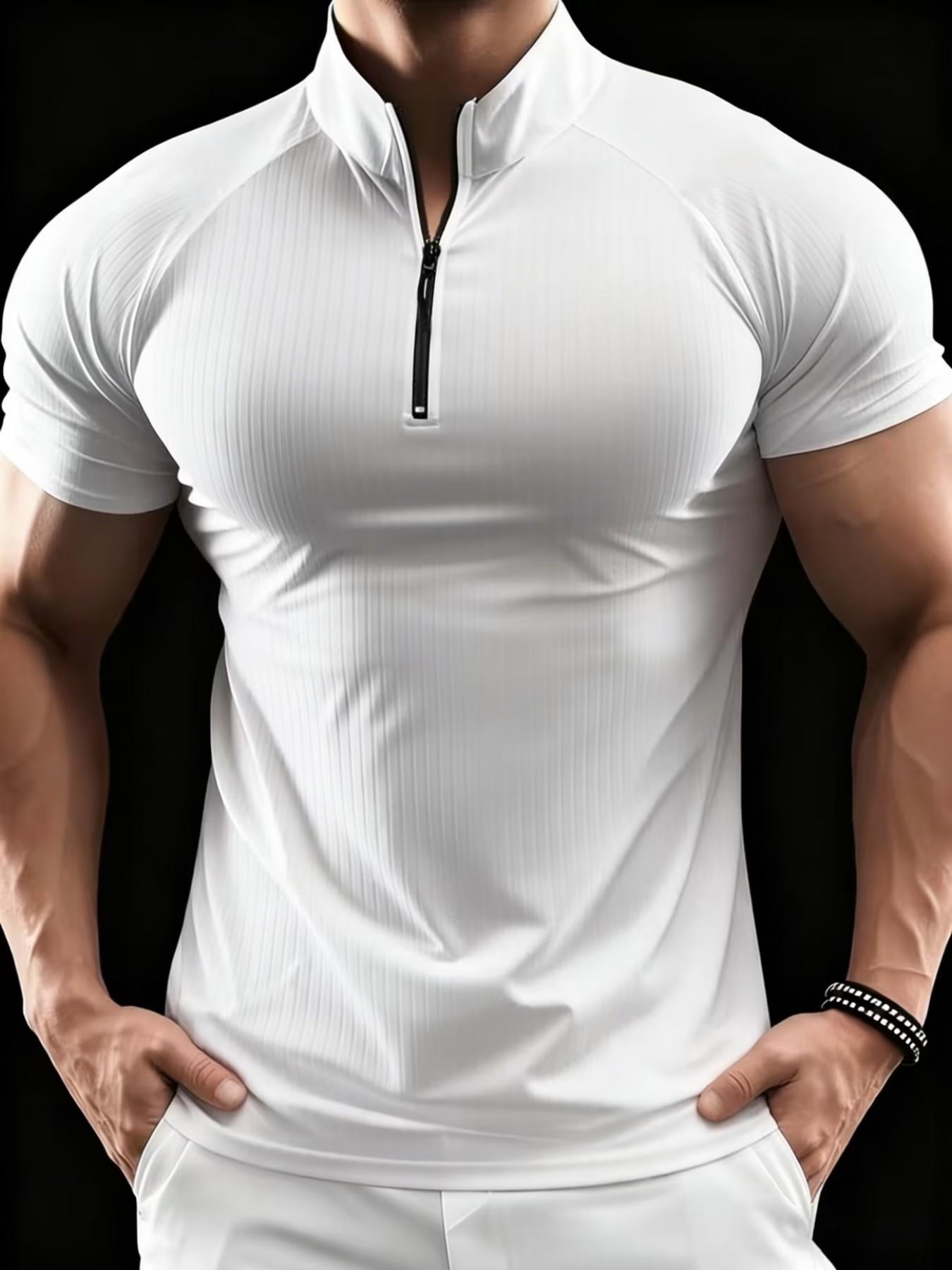 Men's Slim Fit Short Sleeve Quarter Zip Polo Shirt, Quick Dry Breathable Ribbed Sports T-Shirt, Gym Fitness Running Casual Wear