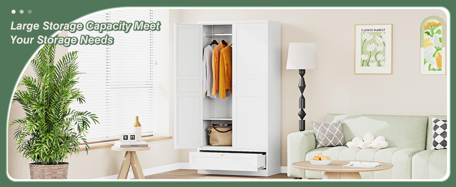 Letaya 72" Wardrobe: Metal Armoire with Drawer, 2 Doors, Adjustable Shelves & Hanging Rod. Ideal for Bedroom Storage and Organization.