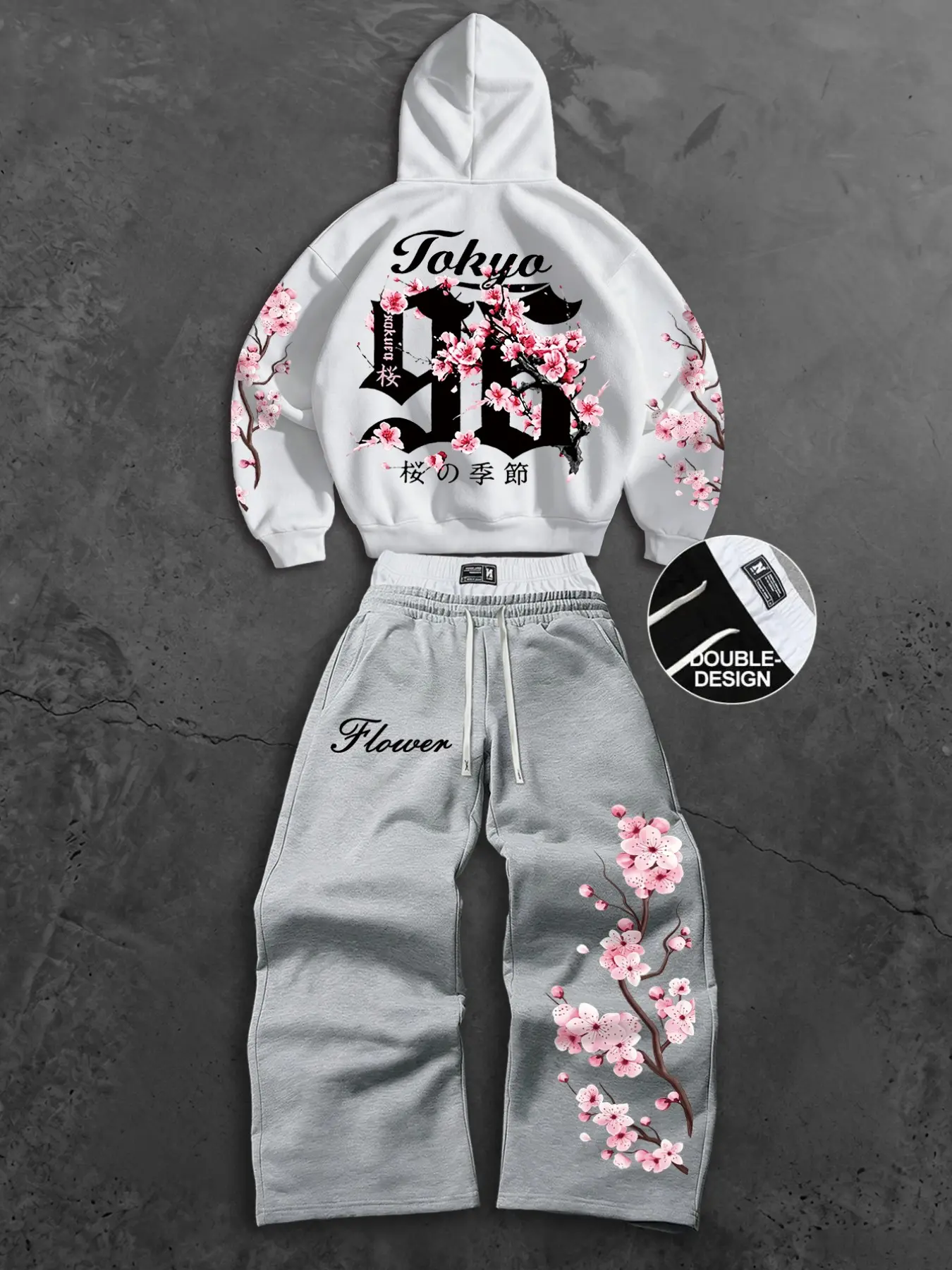 Men's Tokyo Cherry Blossom Print Two-Piece Set, Loose Fleece Hoodie + Drawstring Wide Leg Pants, Soft Comfortable for Fall Winter