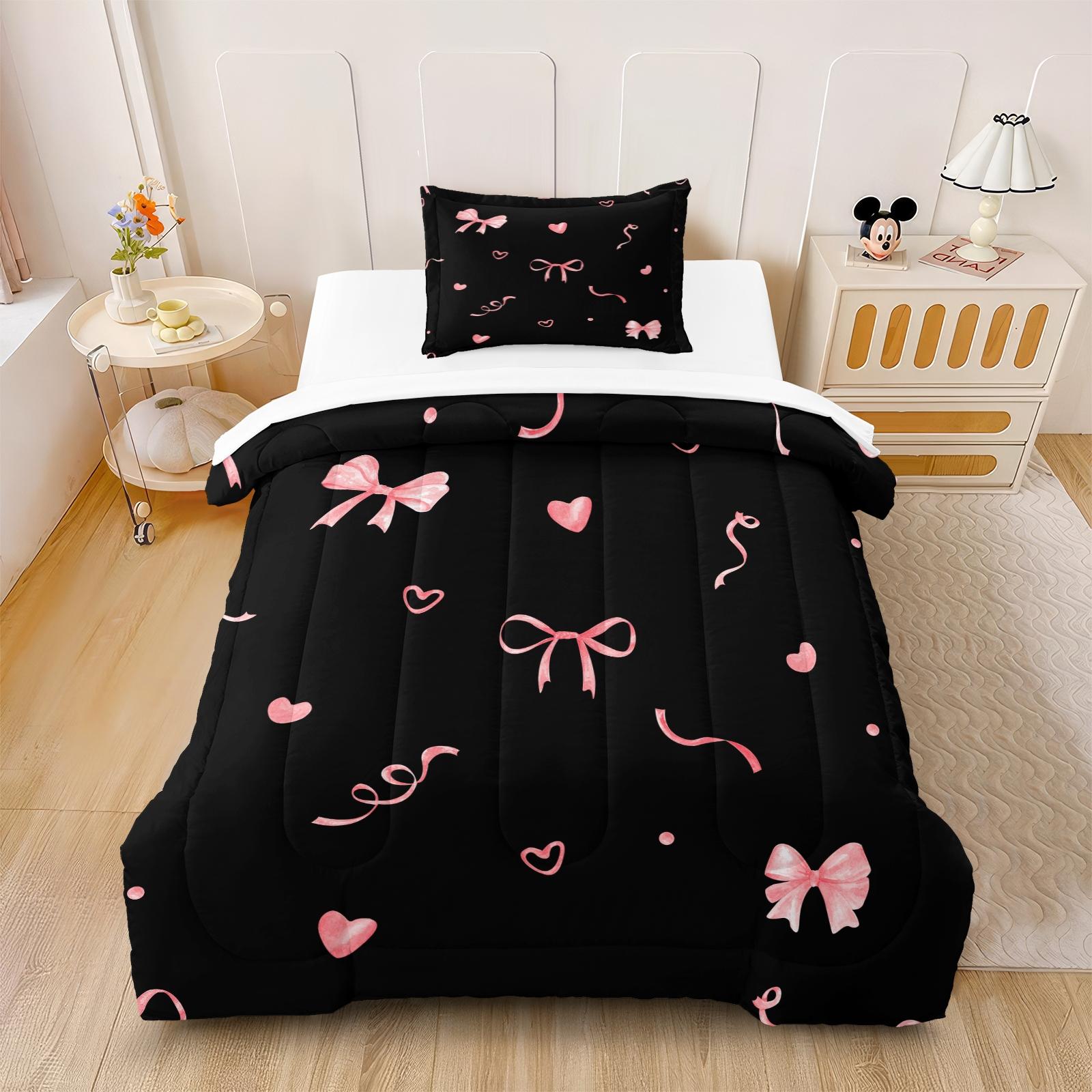 2/3 Pcs Coquette Pink Bow Print Comforter Set, Cute Y2K Aesthetic Bedding Set, Soft Warm Breathable & Fade Resistant Digital Print, Ideal for Girls Bedroom Dorm Guest Room Decor, All Season Use - Without Pillow Insert