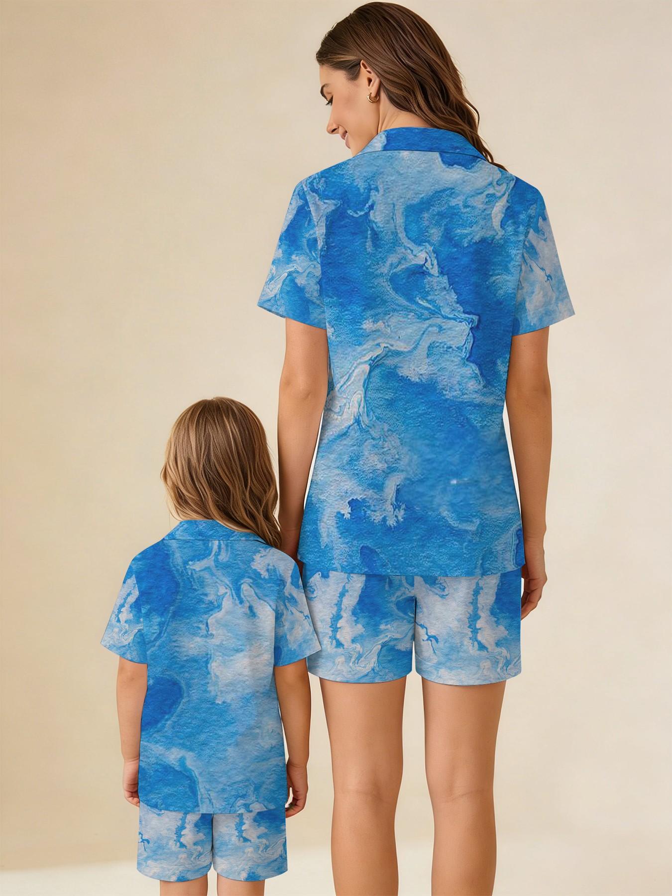Vibrant Pixel 3D Printed Parent-Child Pajamas, Cloud Pattern Blue Base, Trendy Cool Style, Mother-Daughter Matching