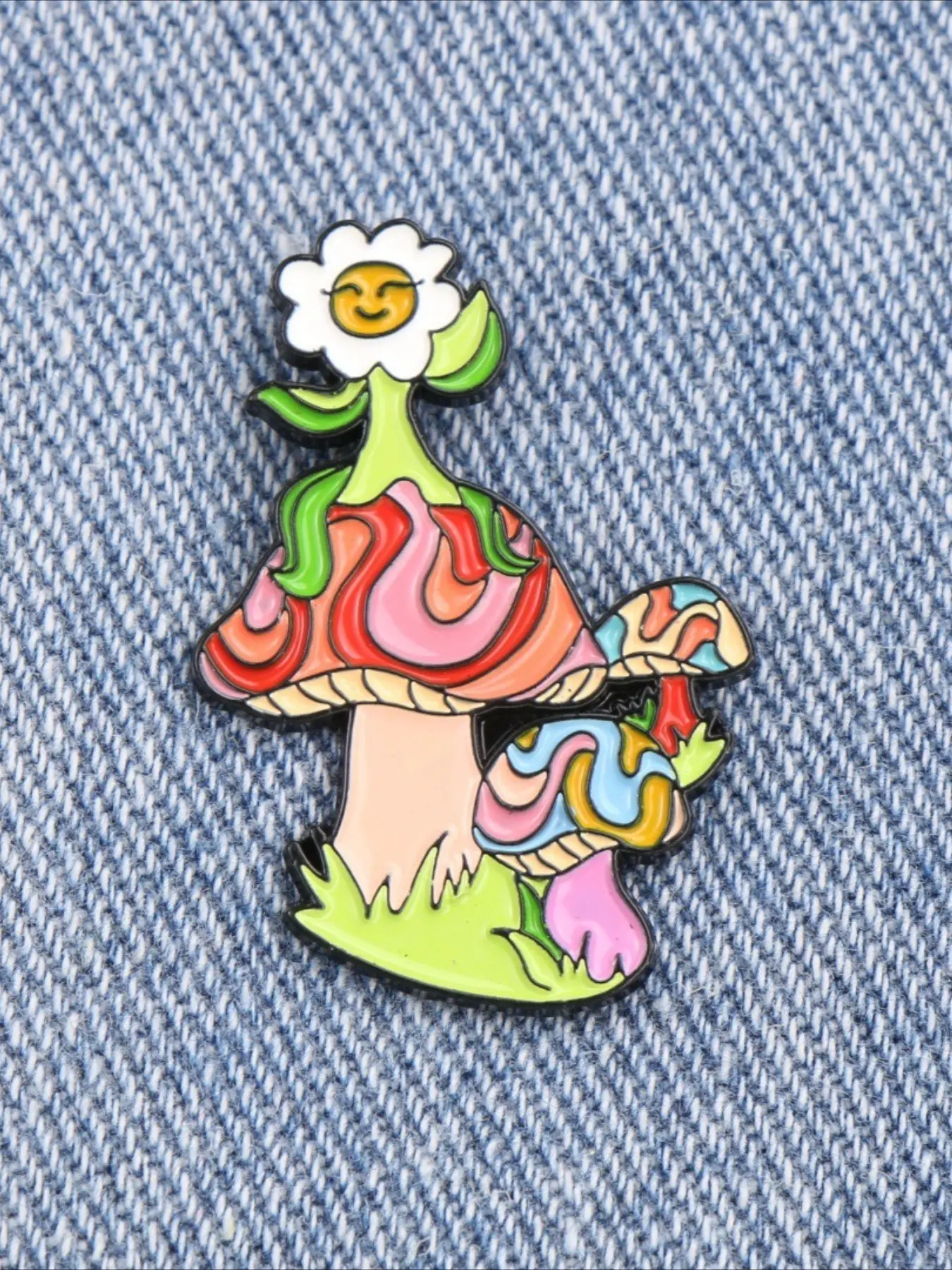 Vintage Psychedelic Swirl Mushroom Enamel Pin, Cute Smiley Daisy Flower Metal Brooch Pin, Women's Coat Scarf Backpack Decorative Lapel Badge Accessory