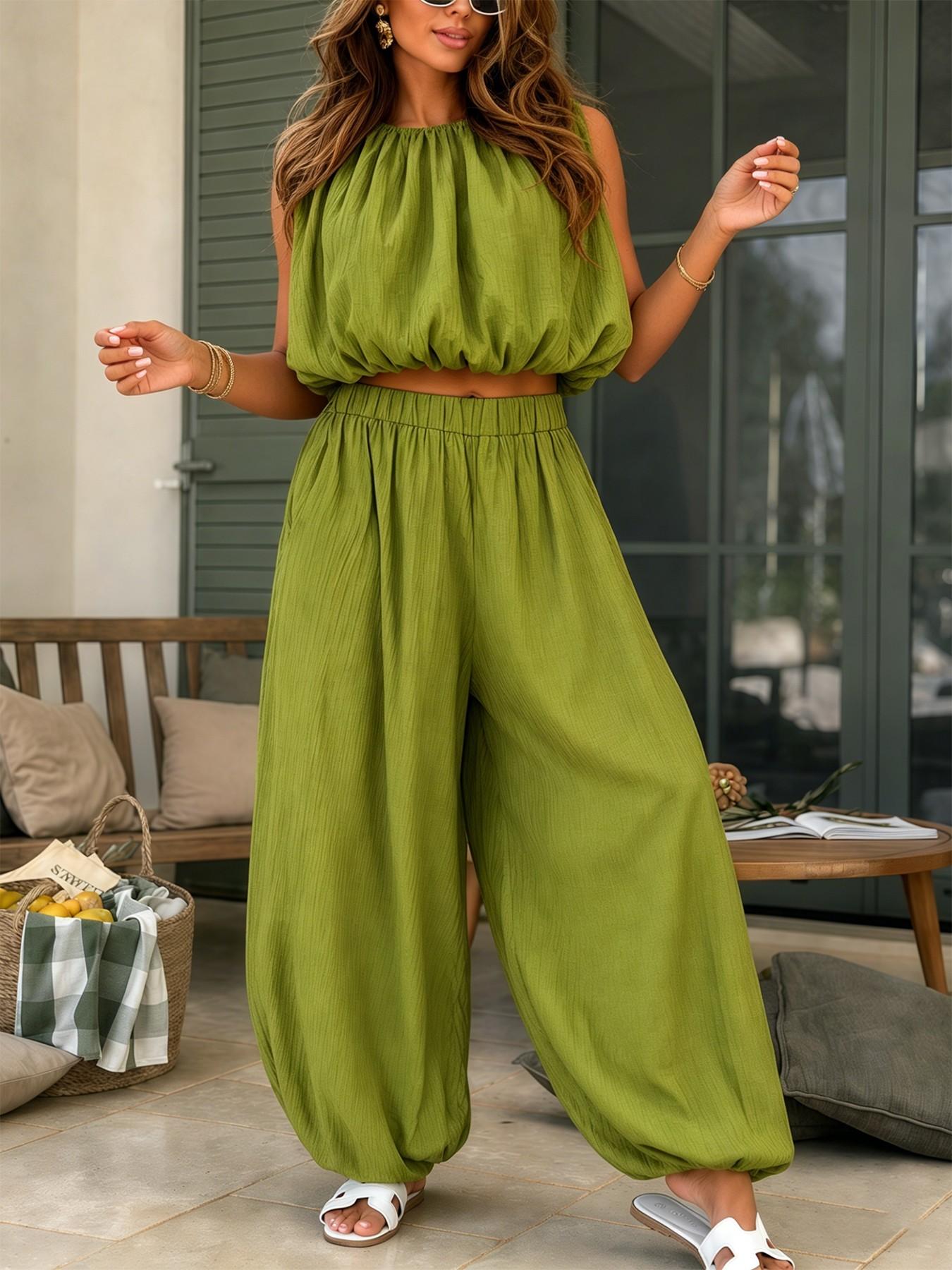 Short Sleeve Top and Wide Leg Pants Set, High Waist Two-Piece, Slimming, Fit and Breathable, Casual Chic Fashion Summer Essential, Clothes, Comfy Summer Sets