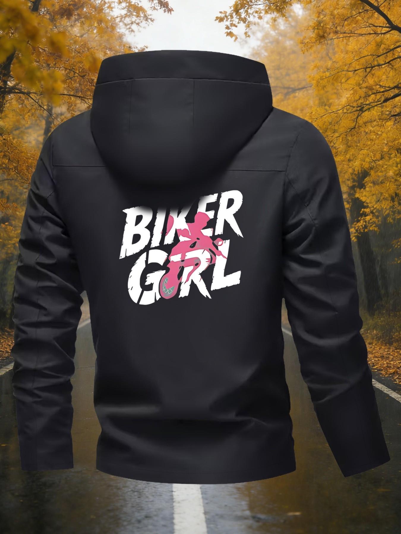 Women's Hooded Windbreaker Jacket Double sided BIKER GIRL Pink Moto Print Jacket Two Color Options Hooded Loose All Season Warm Jacket Ideal for Daily Commute Hiking Climbing Wear Skin Friendly Breathable Machine Washable Plussize