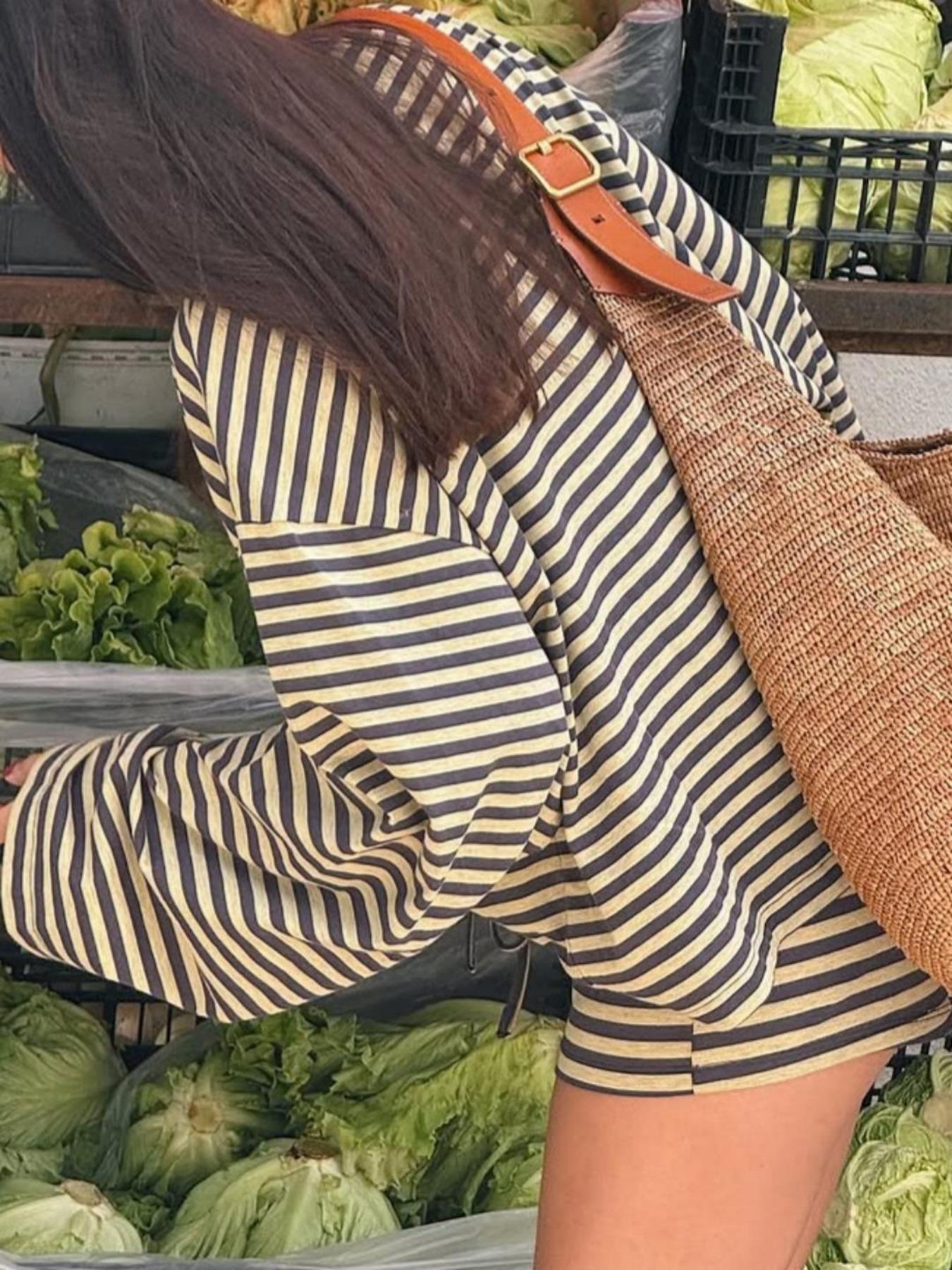 Vintage Striped Casual Women's Set, Loose Fit Round Neck Long Sleeve Top with Drawstring Shorts, Comfortable Home Wear, Spring & Fall