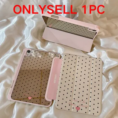 Milk Chestnut Polka Dot and Heart Design Tablet Cover, iPad Covers, Tablet Accessories, Three-Fold Stand Mirror Back Case with Pen Slot, Fits iPad 10/9/8 Generation and More (Case Only)