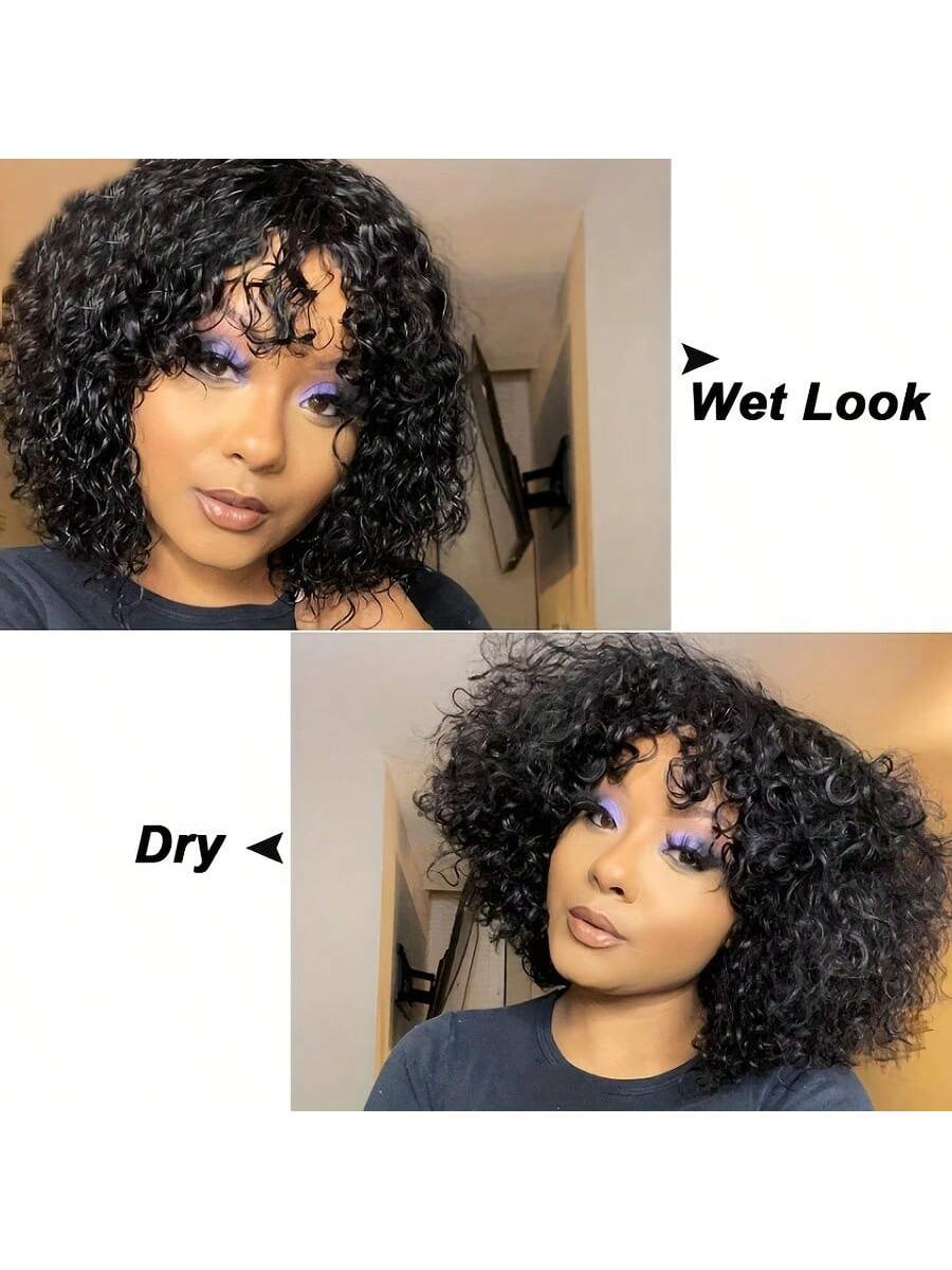 2x1 Transparent Lace Human Hair Bob Wig With Bangs Kinky Curly Glueless Wigs for Women Ready To Wear 180% Density Upgraded Realistic Scalp Short Curly Bob Wigs With Bangs Human Hair Natural Color for Daily Wear ,Parties ,Festival