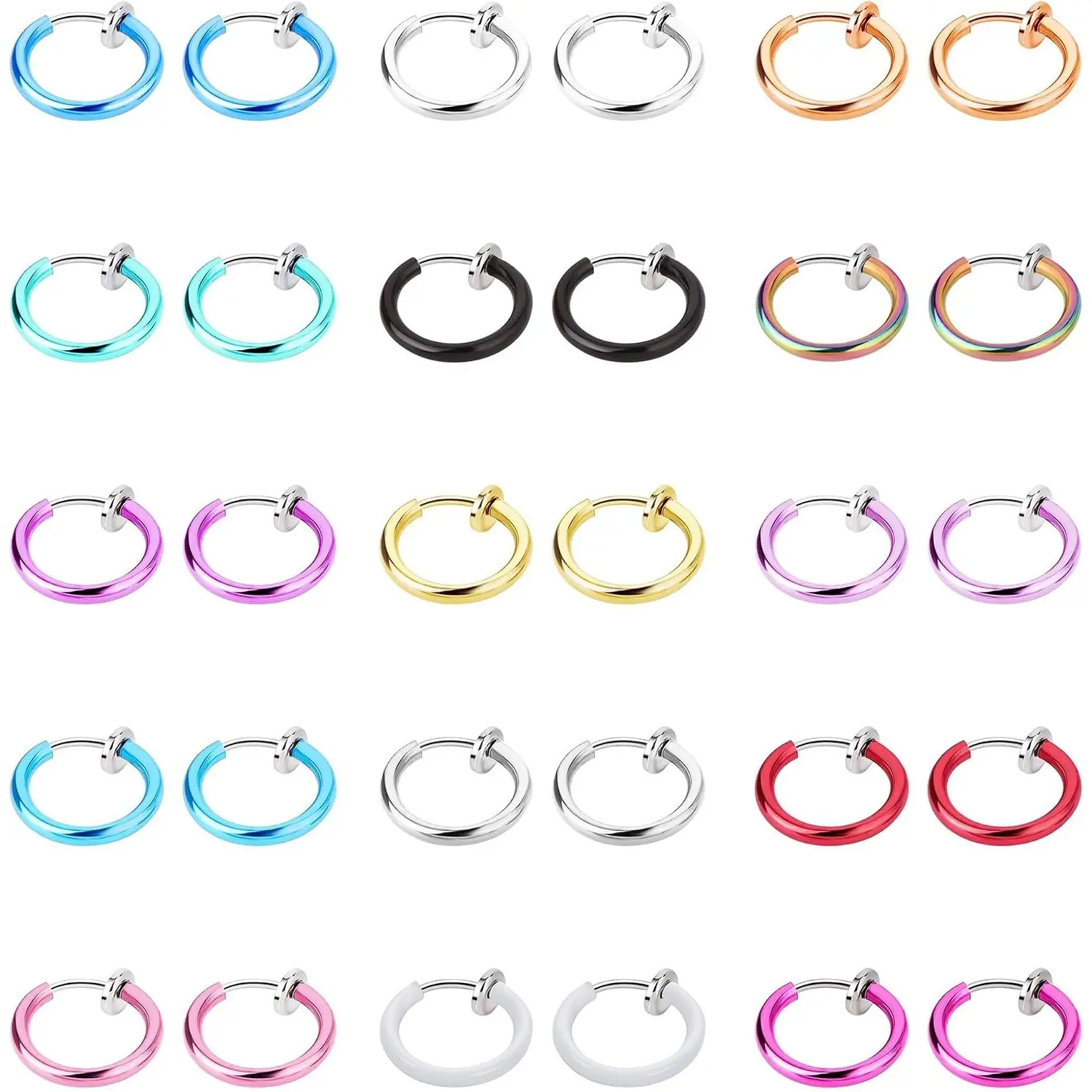 30 Pcs Colorful Spring Clip‑On Fake Piercing Jewelry Set for Men Women, Non‑Pierced Faux Septum Nose Hoops, Fake Lip & Cartilage Ear Non‑Piercing Earrings, Multipurpose Costume Body Accessories for Party Cosplay Wear