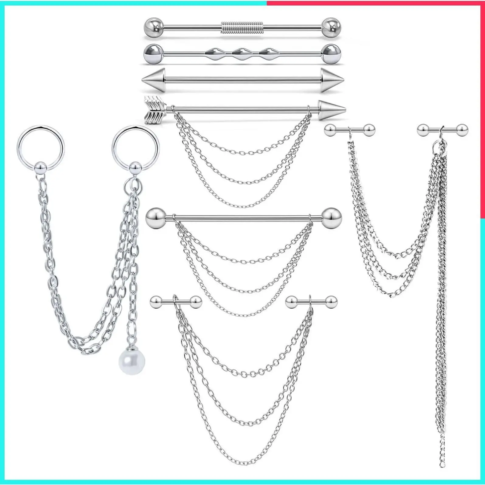 Women's Surgical Steel Industrial Chain Earrings - Barbell Piercing Jewelry