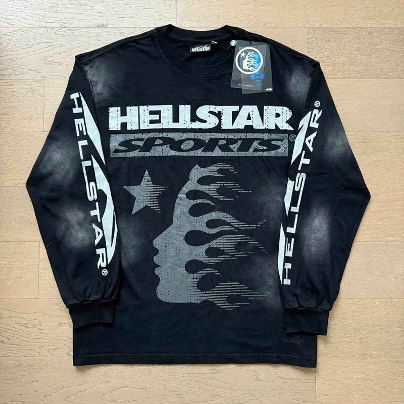 HELLSTAR Sports Flame Face Graphic Long Sleeve Tee Black Vintage Wash His and Hers 100% Heavyweight Cotton Retro Graphic Menswear Fall Outfit