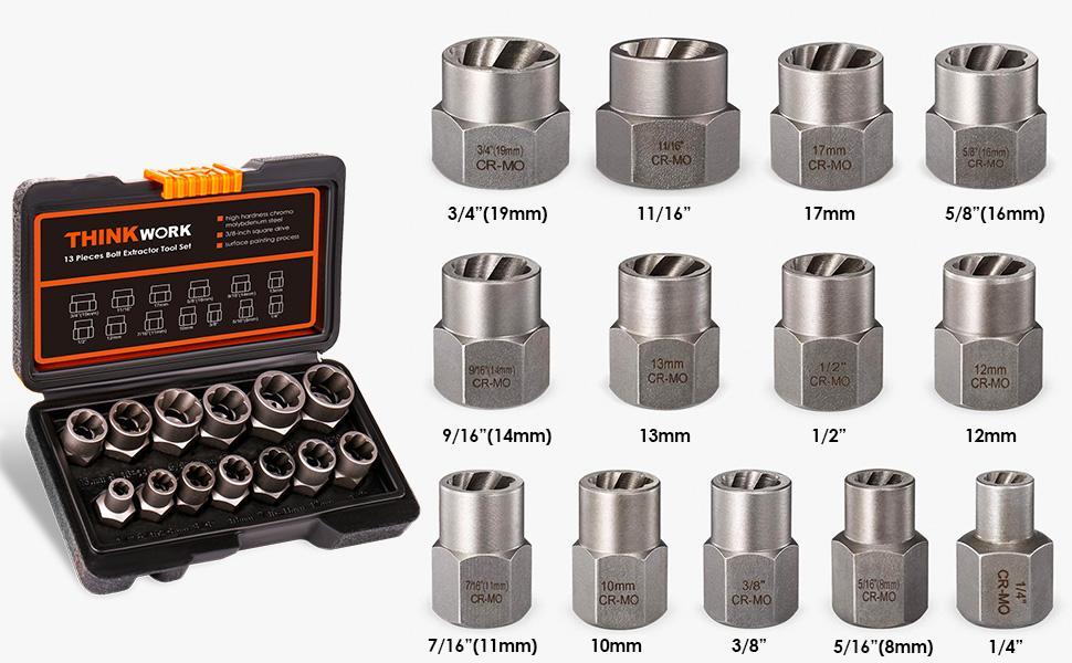 THINKWORK Bolt Extractor Tool Set, 13+1 Counts Impact & Nut Remover Stripped Lug Remover, Drive Rounded Bolt Remover for Removing Damaged, Frozen Universal Impact impact bolt Socket Wrench Set