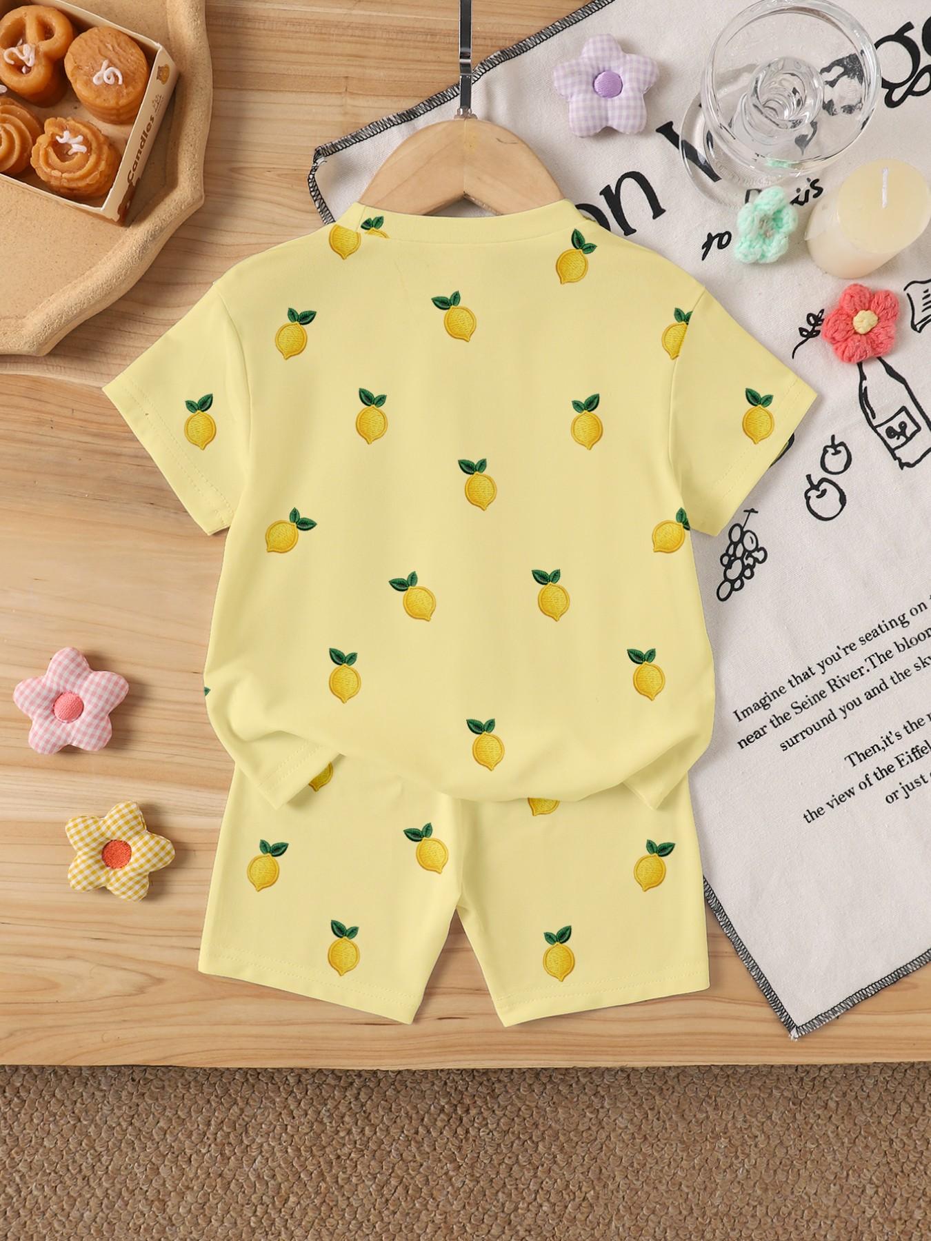 Babygirl Two-Piece Set Vacation Style Fresh Cute Lemon Print Top & Shorts Suit for Summer Outdoors, Casual Fashion for Women
