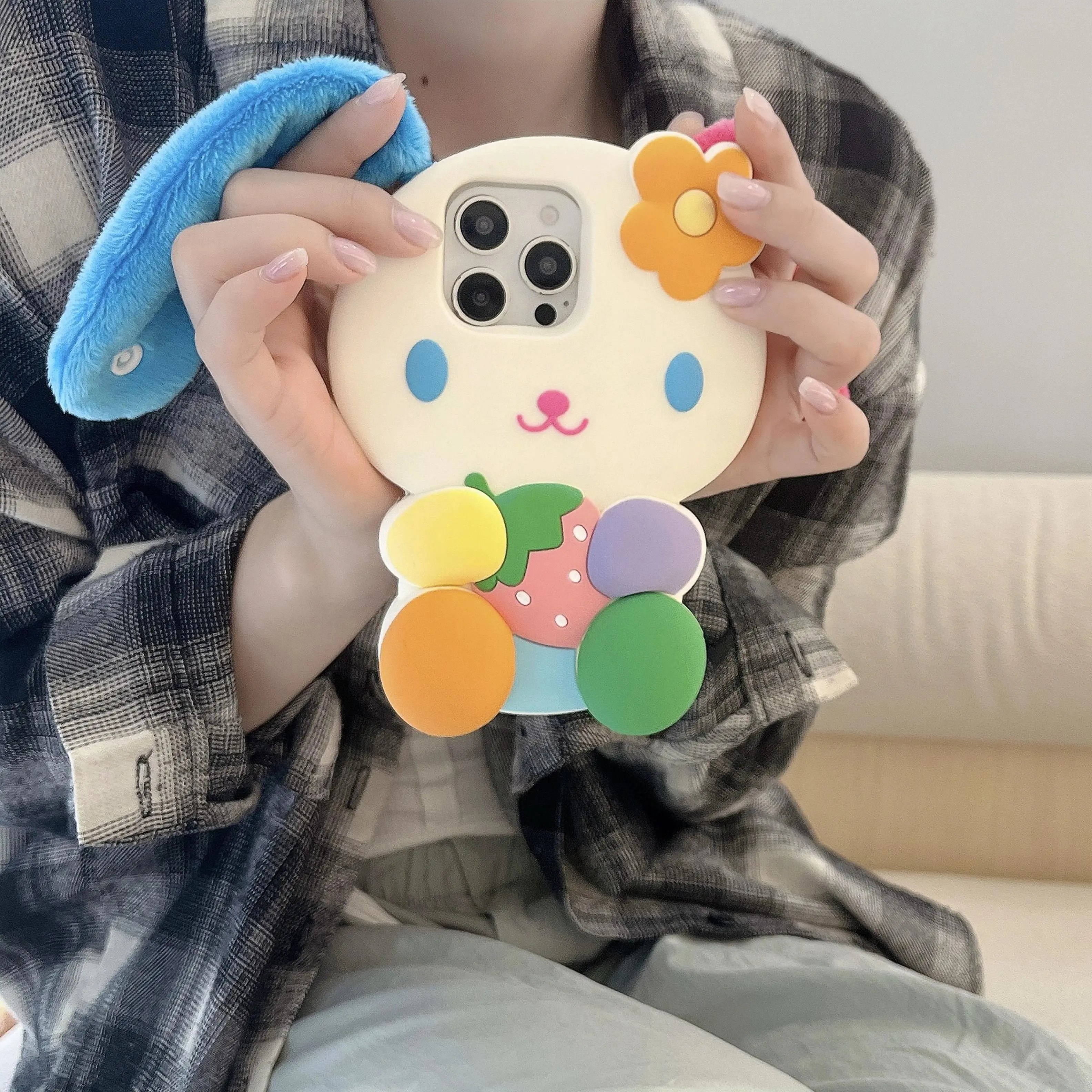 3D Cartoon Bunny Rainbow Rabbit Soft Silicone Phone Case for iPhone 16 15 14 13 12 Pro Max 16promax Shockproof Cover