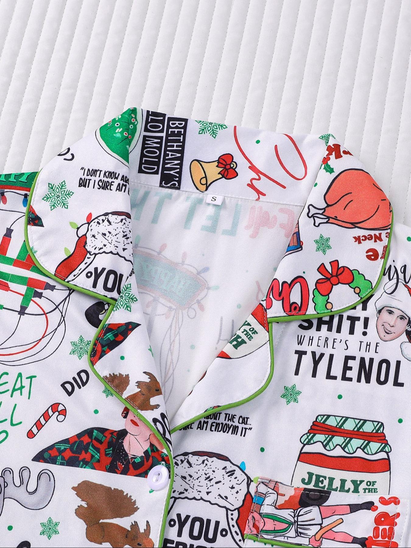 【Christmas Pajamas】It's A Beaut Clark Christmas Women's Set, Long Sleeve Button Front Top & Elastic Pants, Soft Comfortable Holiday Sleepwear & Loungewear for Women