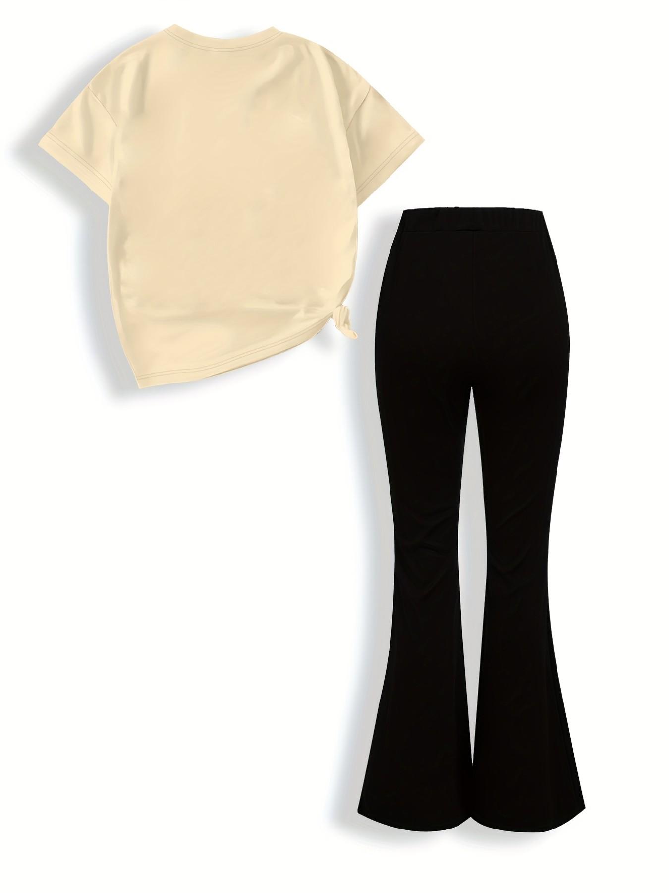 2pcs Girls' Summer Fashion Print Drop Shoulder Short Sleeve T-Shirt + Elastic Bell Pants Set, Comfortable Soft Sweat Absorbing Round Neck T-Shirt + Casual Bell Pants