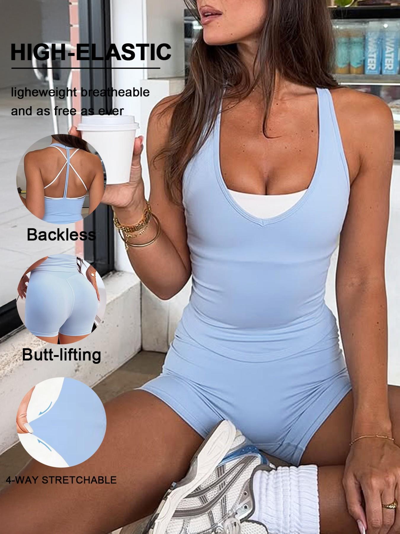 Women's Sporty Set, Athletic Sportswear, Fitted Design Activewear, Backless Sleeveless Top & High Waist Shorts, Ideal for Training, Running & Yoga, Casual Daily Wear, Workout Apparel