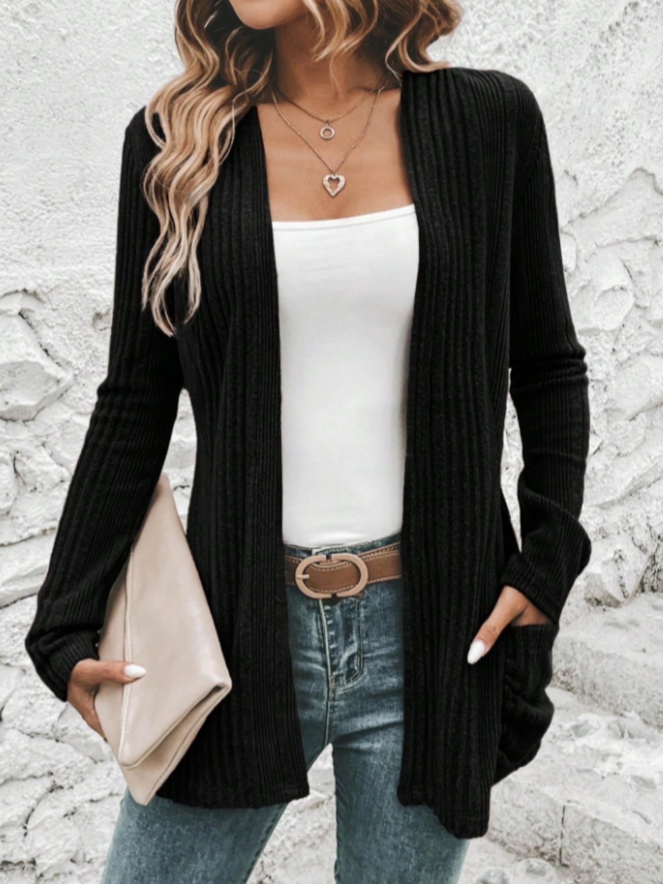 Women's Ribbed Open Front Sweater Cardigan, Casual Long Sleeve Cardigan Sweater for Spring & Fall, Women's Knit Clothing for Daily Wear