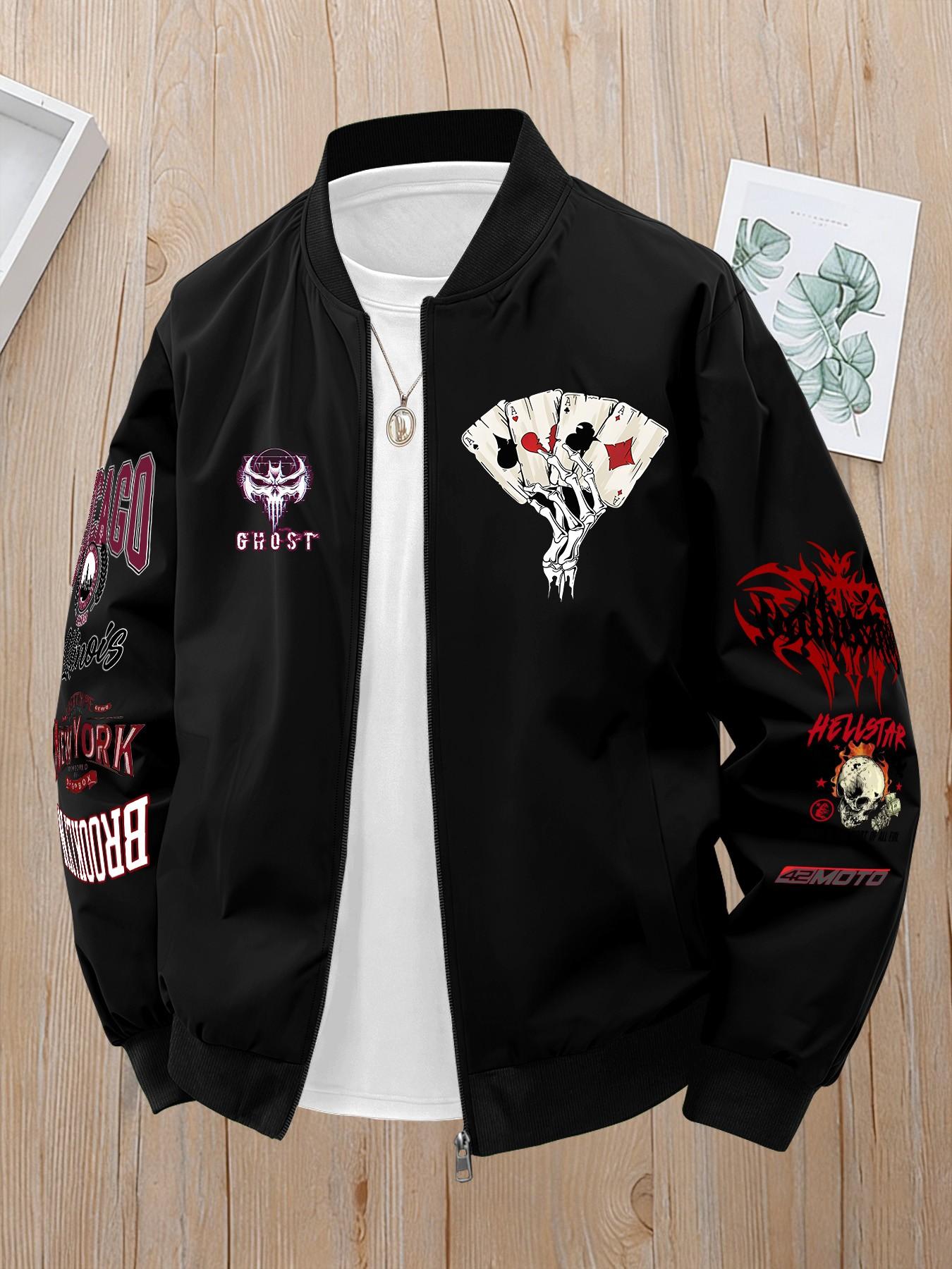 Ghost Face Logo City Landmark Letter Patch Street Style Fashion Streetwear Baseball Jacket Full Zip Coats, Commuter Top, Long Sleeve Loose Fit Casual Outerwear for All Seasons