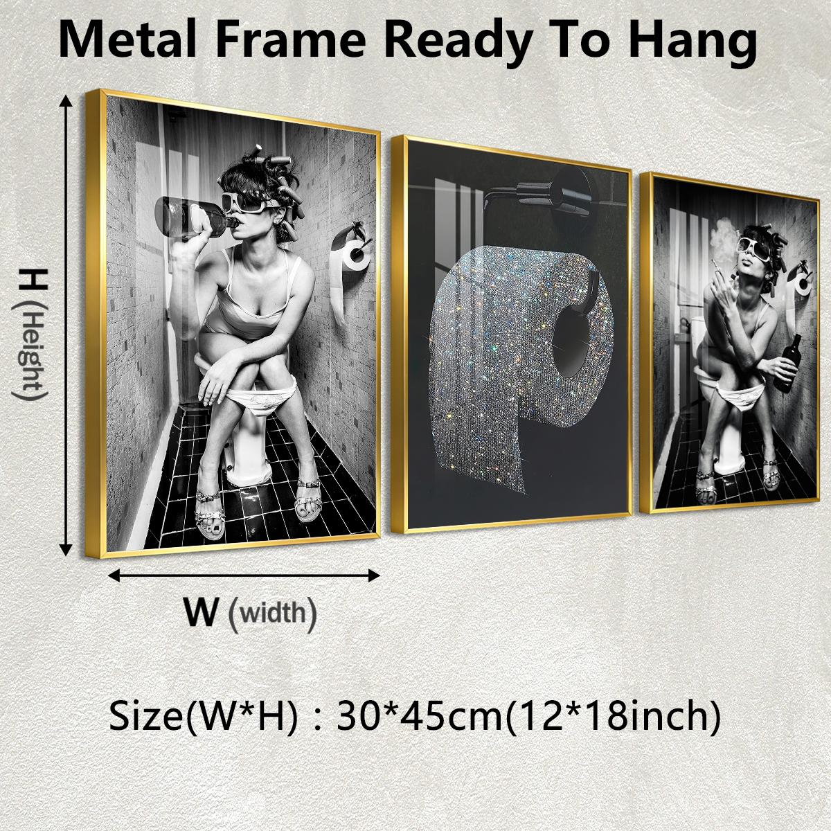 3 Counts Aluminum Alloy Framed Painting, Funny Woman Bathroom Drinking And Smoking Poster, Home Decoration For Living Room, Bedroom, Office, Restaurant, Hallway Wall Decor, Odorless Print Artwork, Luxury Perfect Gift For Friends And Family