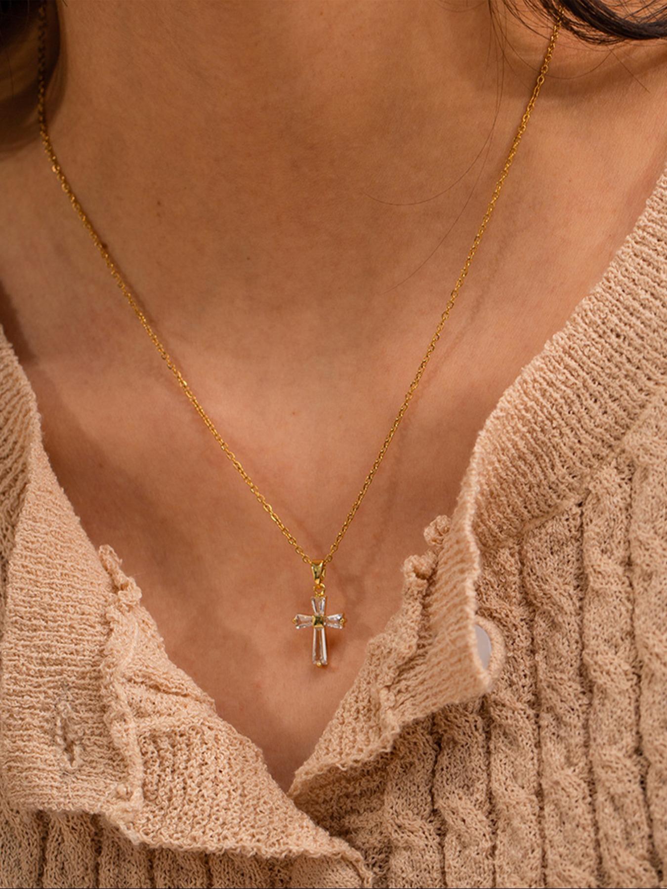 Rhinestone Cross Pendant Necklace For Women For Gift, Coptic Cross Necklace, Clavicle Chain Necklace, Fashion All-match Accessory