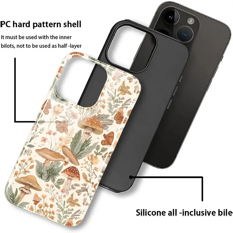 For iPhone 17 16 15 14 13 12 11 Pro Max Plus Air E E, Mushroom - Floral Reverie Pattern 2-in-1 TPU Case with Shock Absorbing & Anti-Scratch Glossy Film Design