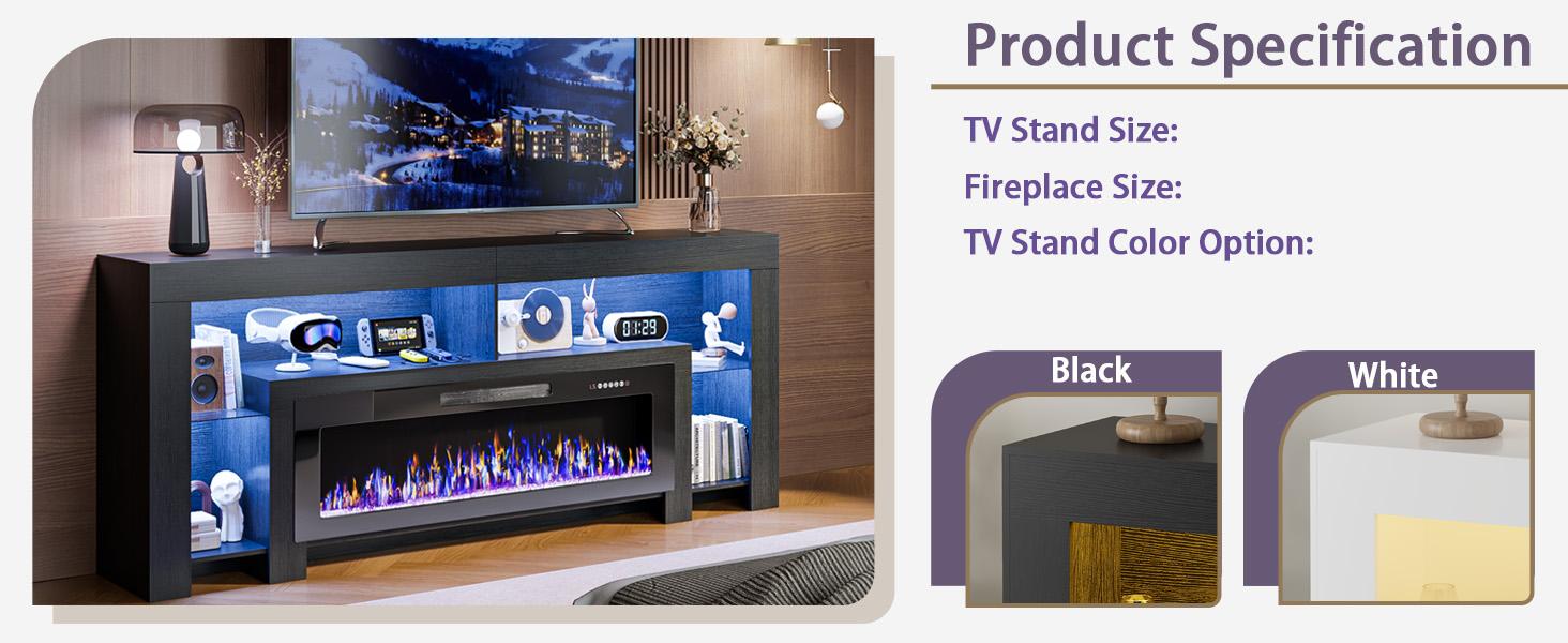 PUKAMI 80 inch Fireplace tv Stand with 50 inch Fireplace Up to 90" TVs,LED Light Entertainment Center and Storage, Modern Wood Media TV Console for Living Room