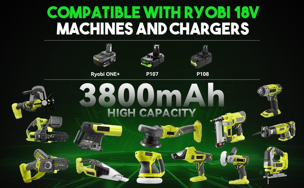 3800mAh 2Pack P107 Replacement for Ryobi 18vBattery Lithium-ion Battery for Ryobi 18V ONE+ Battery with Charger for Ryobi P117 P118 P108 P107 P104 P105 P103 for Ryobi 18v Cordless Tool Battery