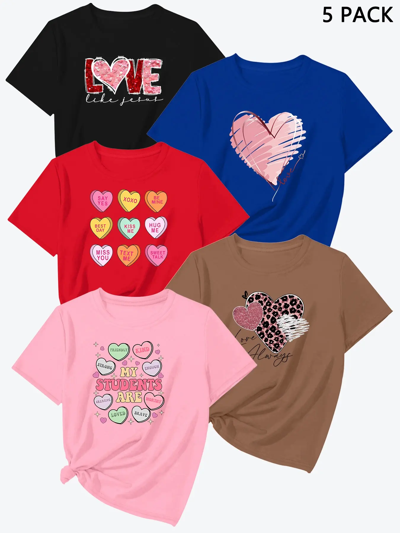 Summer New Heart Print Short Sleeve, High-Quality Women's Sport T-Shirt Set of 5, Casual Fitted Top, Multicolor Options