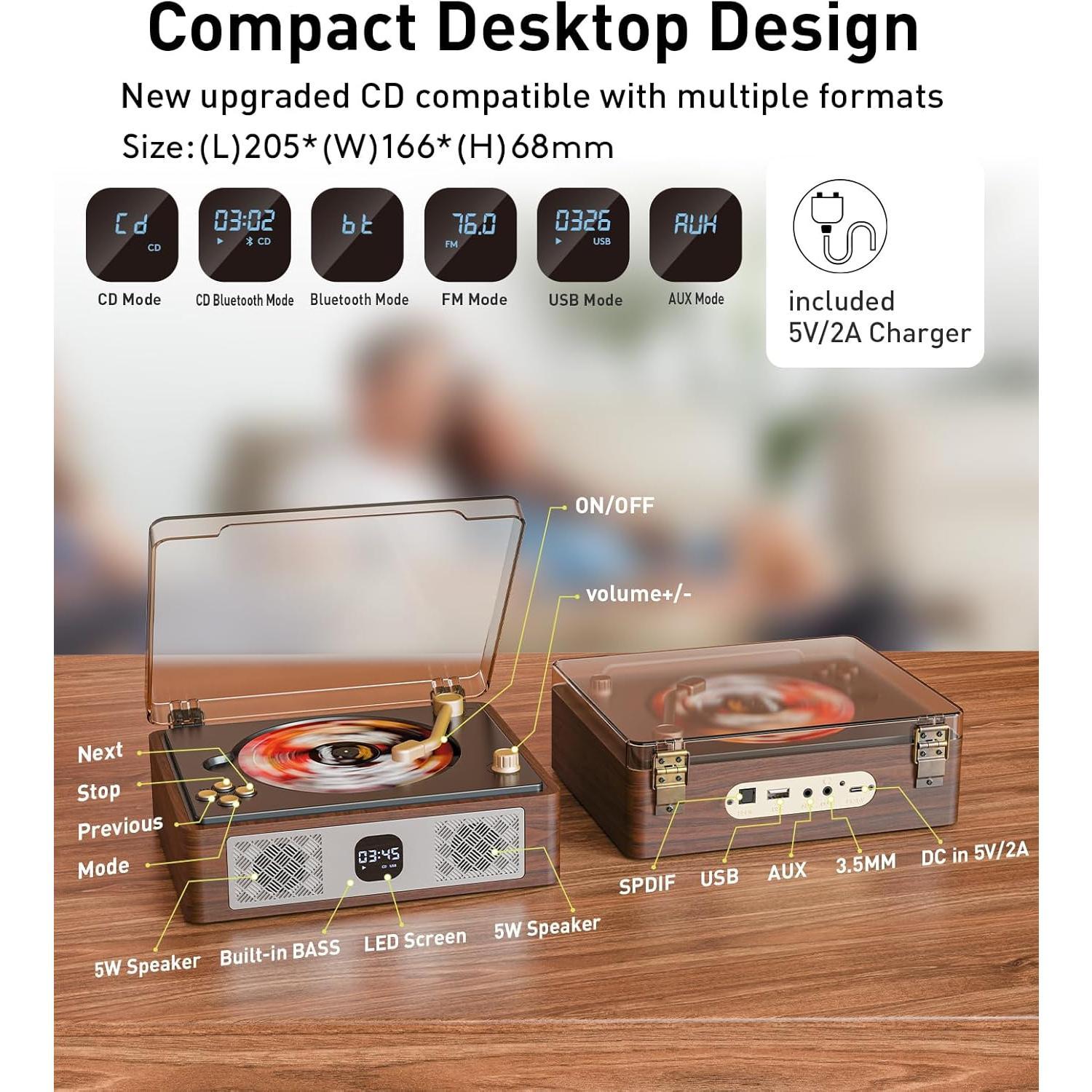 Retro Cd Player Can  to USB,Nostalgic  CD Player for ,Built-in Speakers with LCD Screen,Supports Coaxial/3.5mm/FM Radio with Remote Control-Wired Walnut Brown
