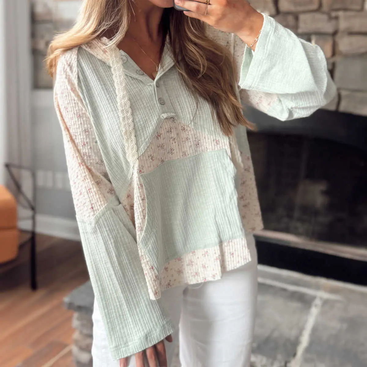 Women's Textured Floral Patchwork Hooded Neck Hoodie - Long Sleeve Tops, Cute Tops, Breathable Mix Casual Pullover with Button Detail, Relaxed Fit Women's Clothes