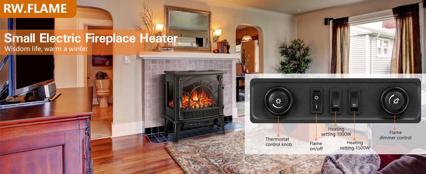 R.W.FLAME Electric Fireplace Heater, Freestanding Fireplace Infrared Stove 1000W/1500W, 3D Realistic Flame Effects, Adjustable Brightness and Heating Mode, Overheating Safe Design