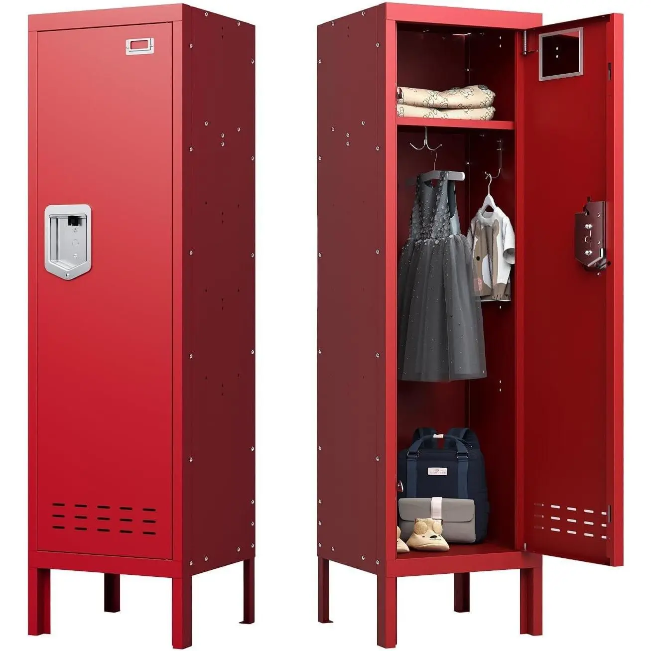 Lockable Metal Storage Locker with Card Slot (15" W x 15" D) Durable Storage Cabinet, Lockers for Employees & Kids, Fits Bedroom Gym School & Office (Red, 54" - 1 Door)