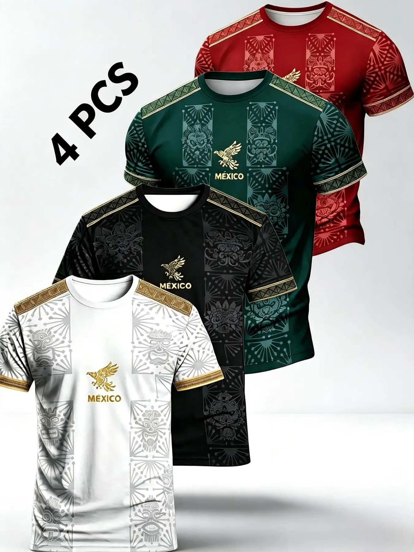 Men's 4-PCS Crew Neck Short‑Sleeve T‑Shirts With Mexico Independence Day Themed Aztec Totem & Golden Eagle All‑Over Print, Ethnic‑Style Breathable Casual Sports Male Tops