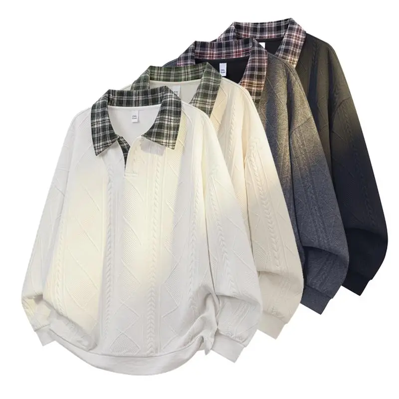 Oversized Cable Knit Sweatshirt with Plaid Collar, Unisex Drop Shoulder V-Neck Pullover, Long Sleeve Casual Polo Jumper, Loose Fit Streetwear Top for Fall & Winter Womenswear Chic