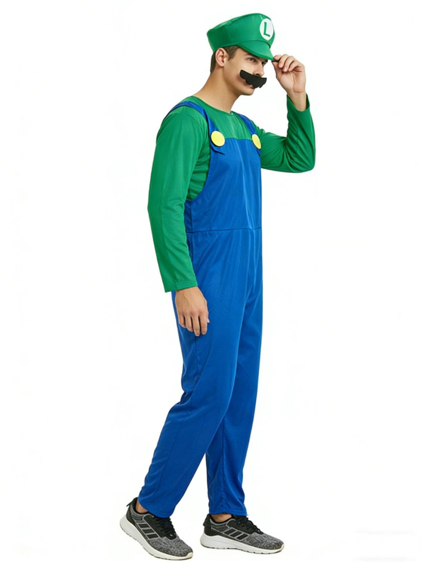 Adult Men's Luigi Game Brothers Dance Costume Set, Halloween Party Onesie Gift, Super Bros Role Play, Long Sleeve Fitted Cartoon Pattern