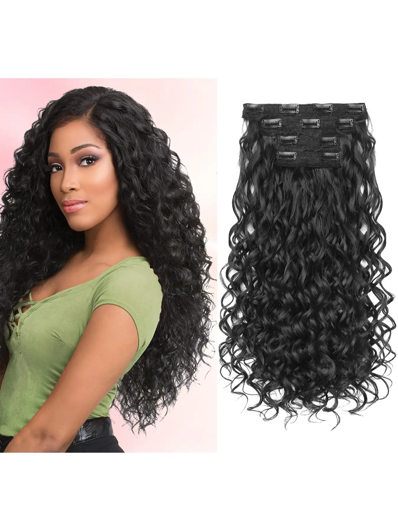 20 Inch Deep Curly Clip In Hair Extensions 4Pcs Set Fluffy Curly Hair Wefts for Women Natural Wave Wavy Hair Extension Synthetic Hairpiece Volumizing Clip On Hair Extensions