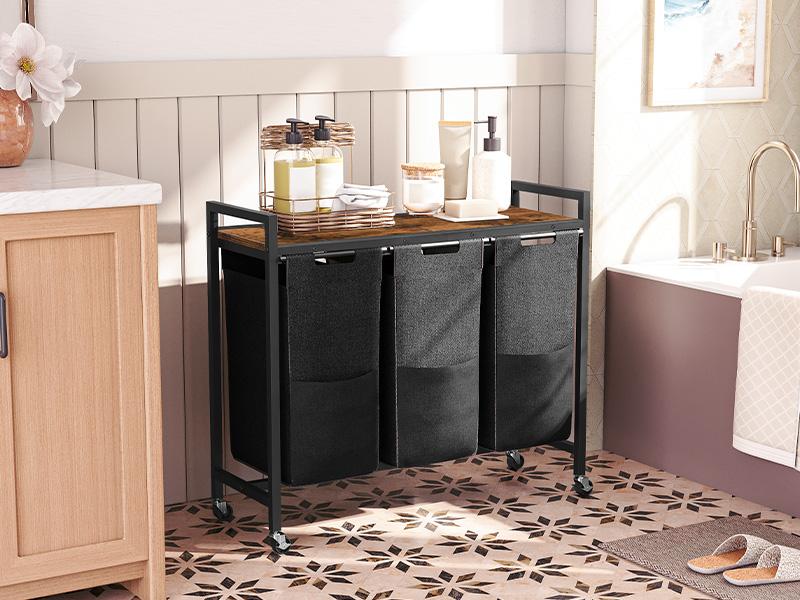 HOOBRO Laundry Sorter 3 Section, Laundry Hamper with Wheels, 3 × 11.5 Gal (43.4L), Rolling Laundry Basket, Pull-Out and Removable Oxford Fabric Laundry Bags, Rustic Brown and Black Clothes Organiser#SpringSale #BigSpringSale