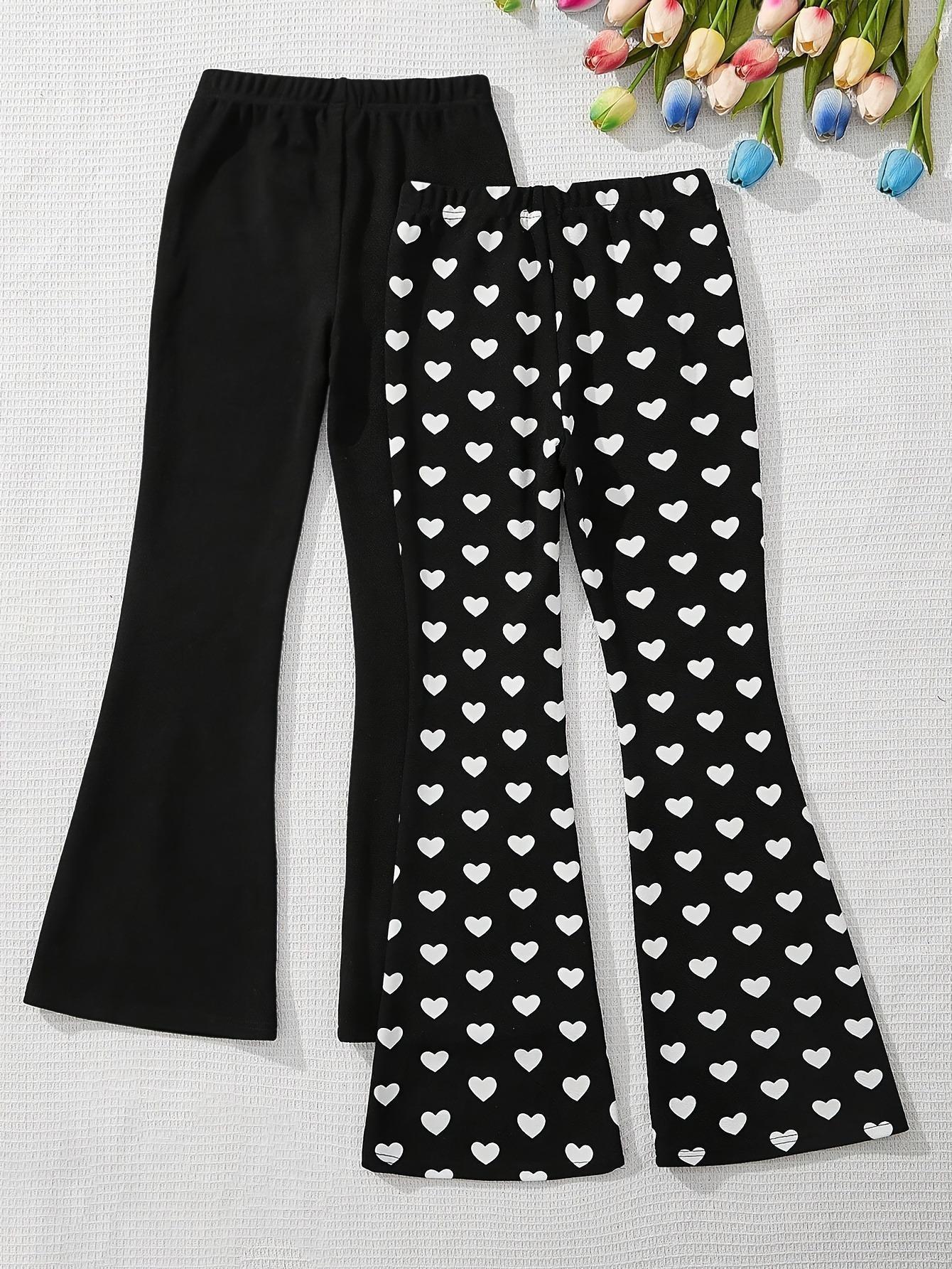 Girls 2-Pack Flared Pants Set – Solid Black & White Heart Print Elastic Waist Bell Bottoms for Kids
