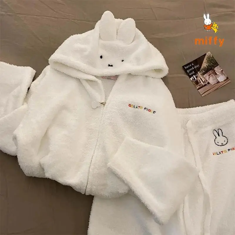 Kawaii Miffy Pajamas Creative Fashion Hooded Loungewear Comfortable Dopamine Home Wear Set Anime Accessories Girls Perfect Gifts