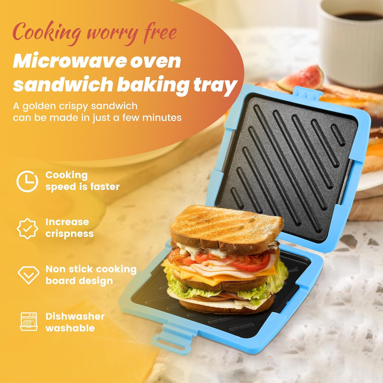 Kitchen Essential Microwave Sandwich Maker, Non-Stick Bread Toast Plate, Simple Fast Cooking, Adjustable Power & Time, Suitable for Bacon, Wings, Steak