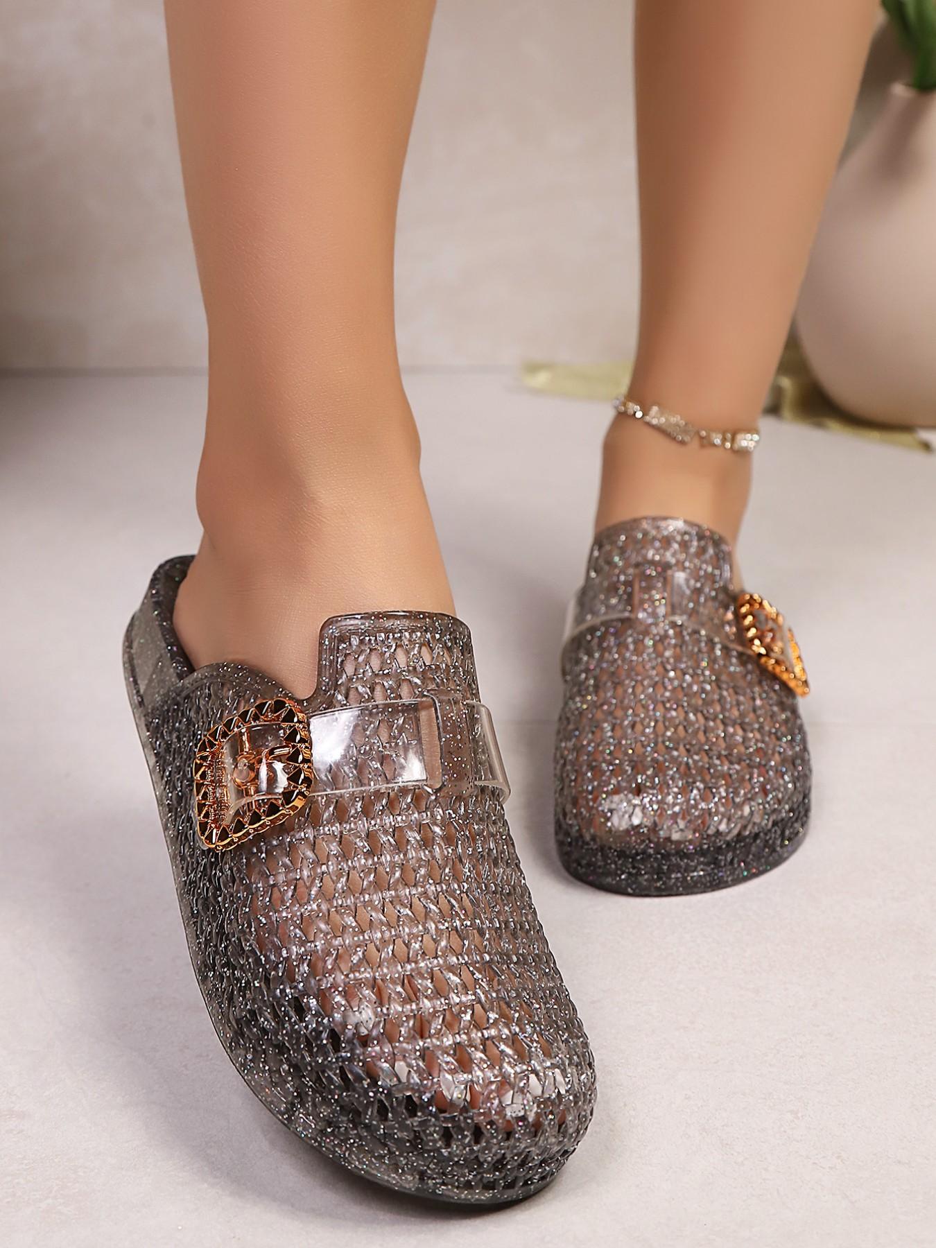 Women's 2026 Trendy Crystal Cut-Out Half-Enclosed Sandals, Thick Sole Metal Buckle Soft Bottom, Summer Beach Vacation Fashion Slippers