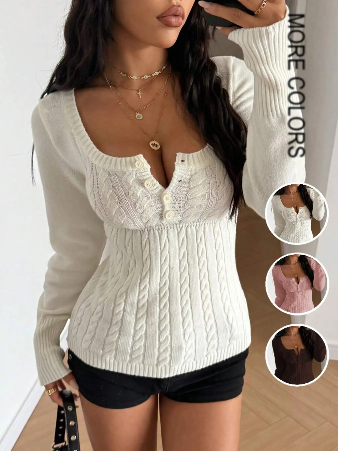 Women's Elegant Casual Square Neck Knit Sweater, Long Sleeve Button Front, Slim Fit, Soft and Comfortable, Fall & Winter Top