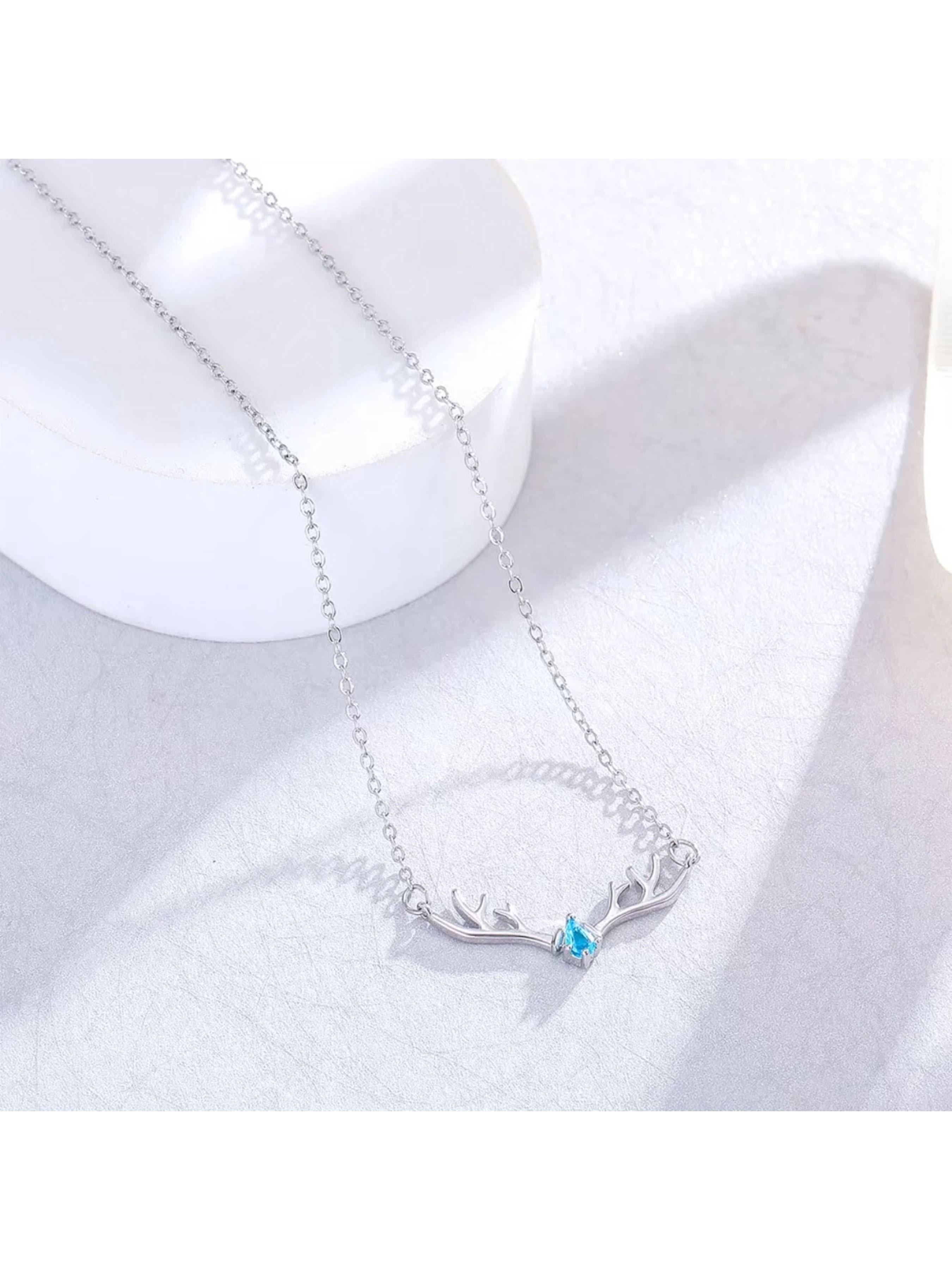 Tarnish-Free Titanium Steel Antler Necklace for Women - Waterproof Blue Crystal Deer Pendant Jewelry Gift