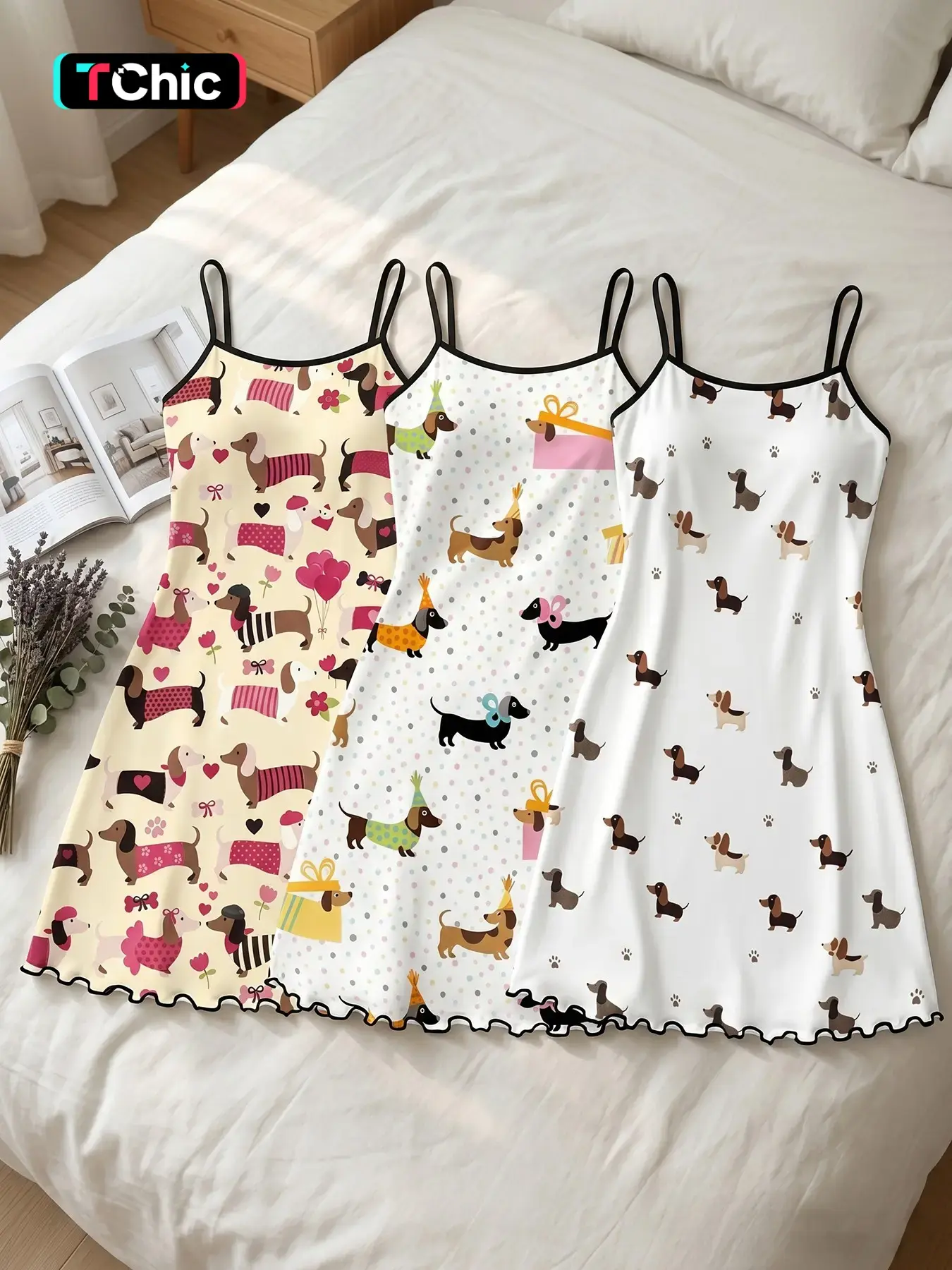Women's 3 Pack Slip Spaghetti Strap Nightgowns, All Season Wear, Dachshund Dog Paw Heart Party Print Ruffle Hem, Dachshund Mom Aesthetic, Loose Breathable for Home & Casual Wear