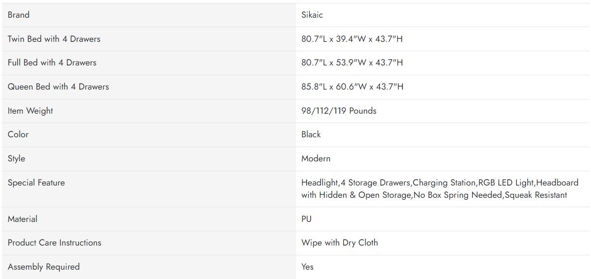 Sikaic Upholstered Platform Bed Frame with LED Lights & Charging Station Hidden Storage Headboard and 4 Drawers PU Black